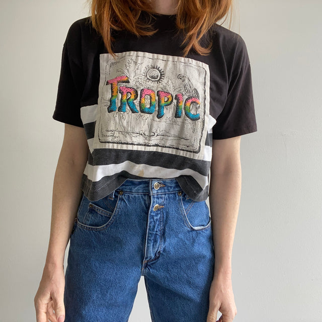 1980s "Tropic" Striped Crop Top w a Large Jalopy Stain