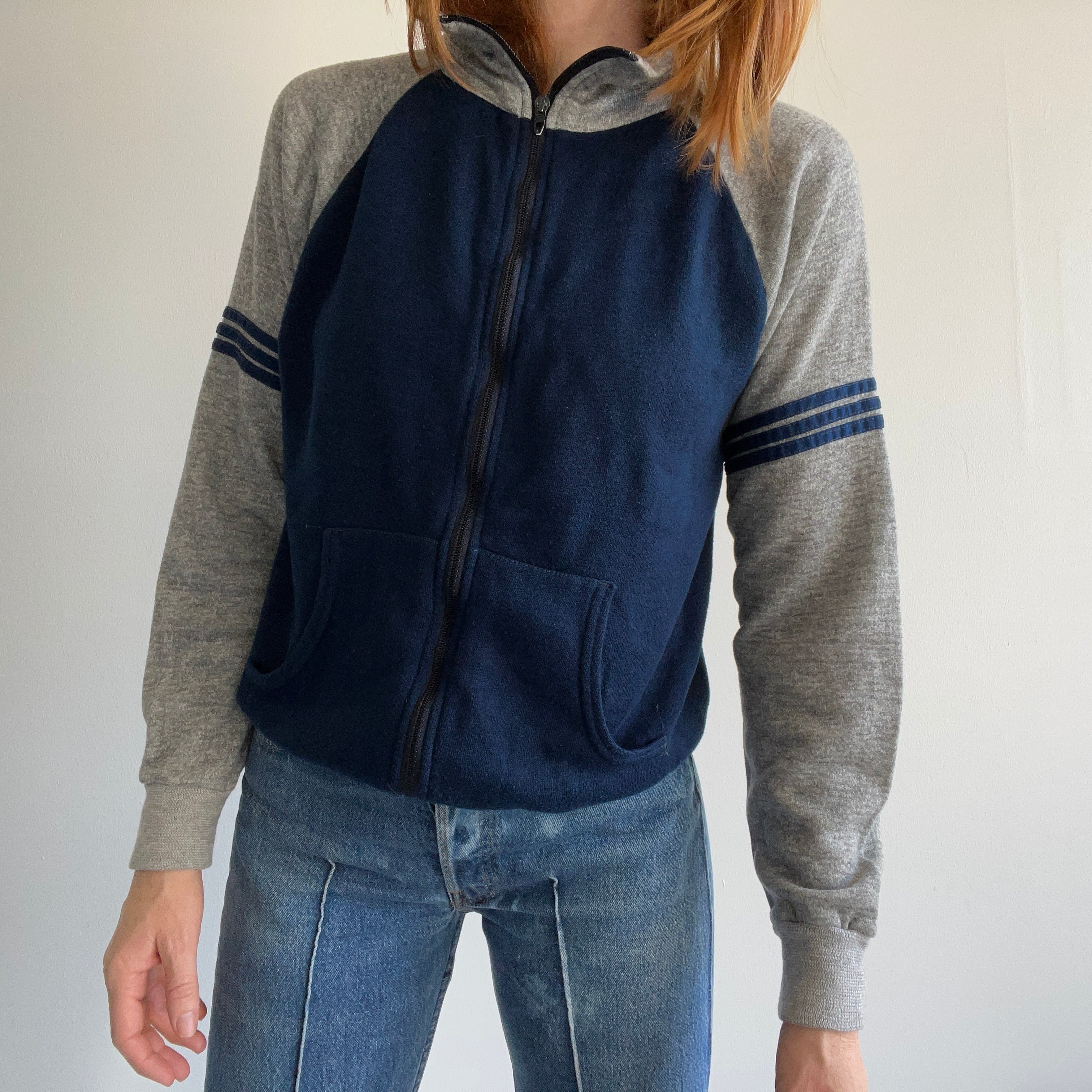 1970s Warm up Brand Super Soft and Slouchy Baseball Triple Stripe Zip Up (Say That Fast 5x)