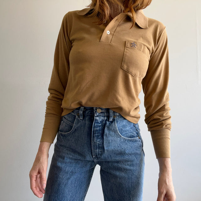 1970s Tan/Khaki Long Sleeve Pocket Polo by Grand Slam (The Penguin Brand)