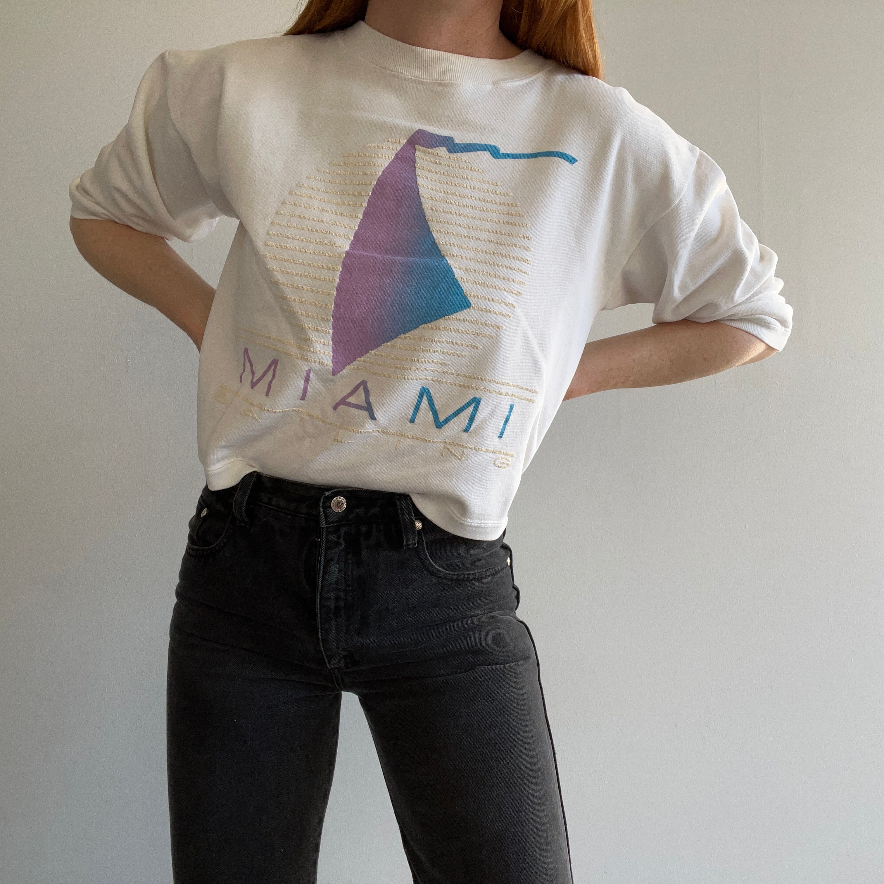 1980s Miami Crop Top 1/2 Sleeve Sweatshirt