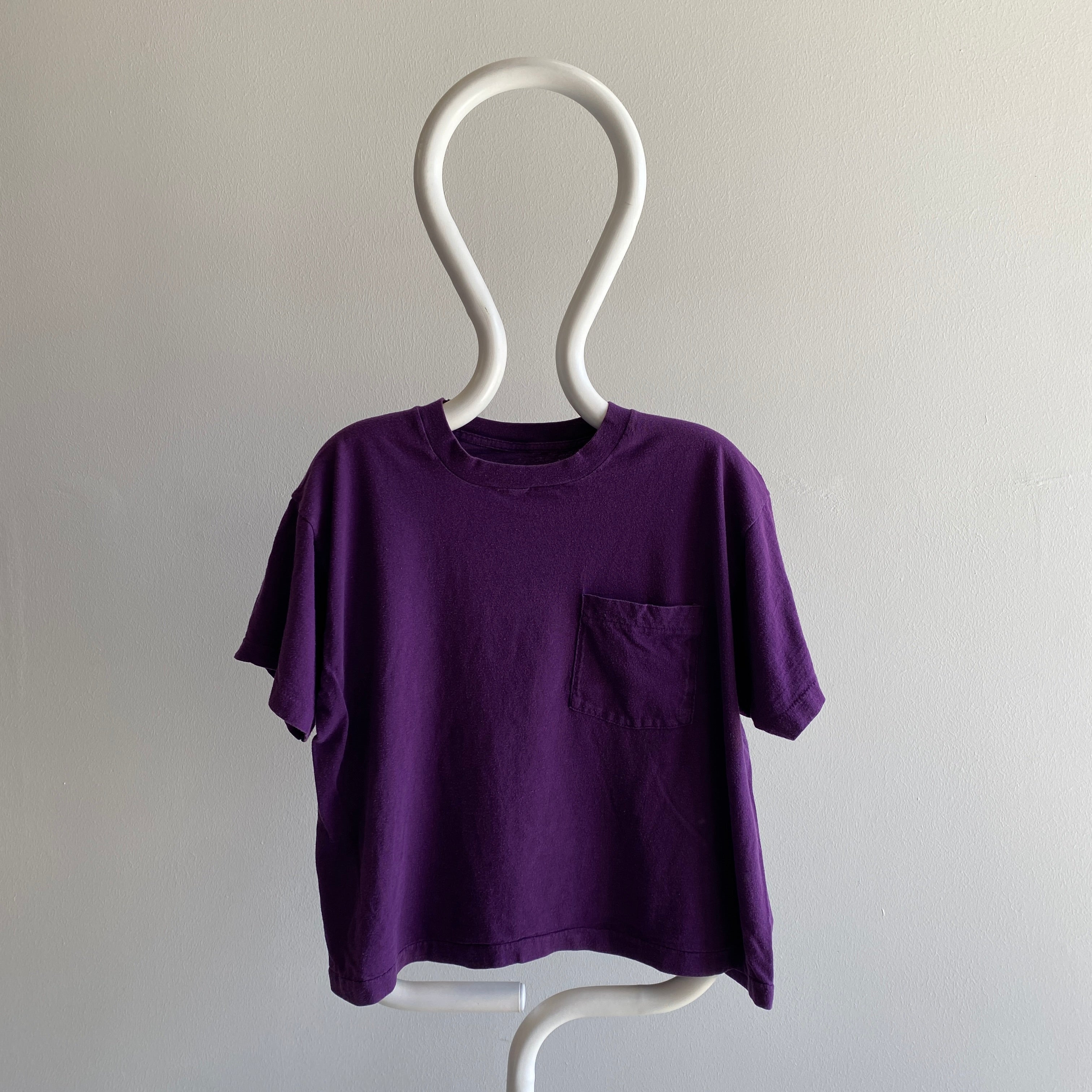 1990s Excellent Boxy Purple T-shirt à poche en coton