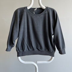 Sweat raglan gris/noir des années 1970 délavé, battu, déformé, impressionnant