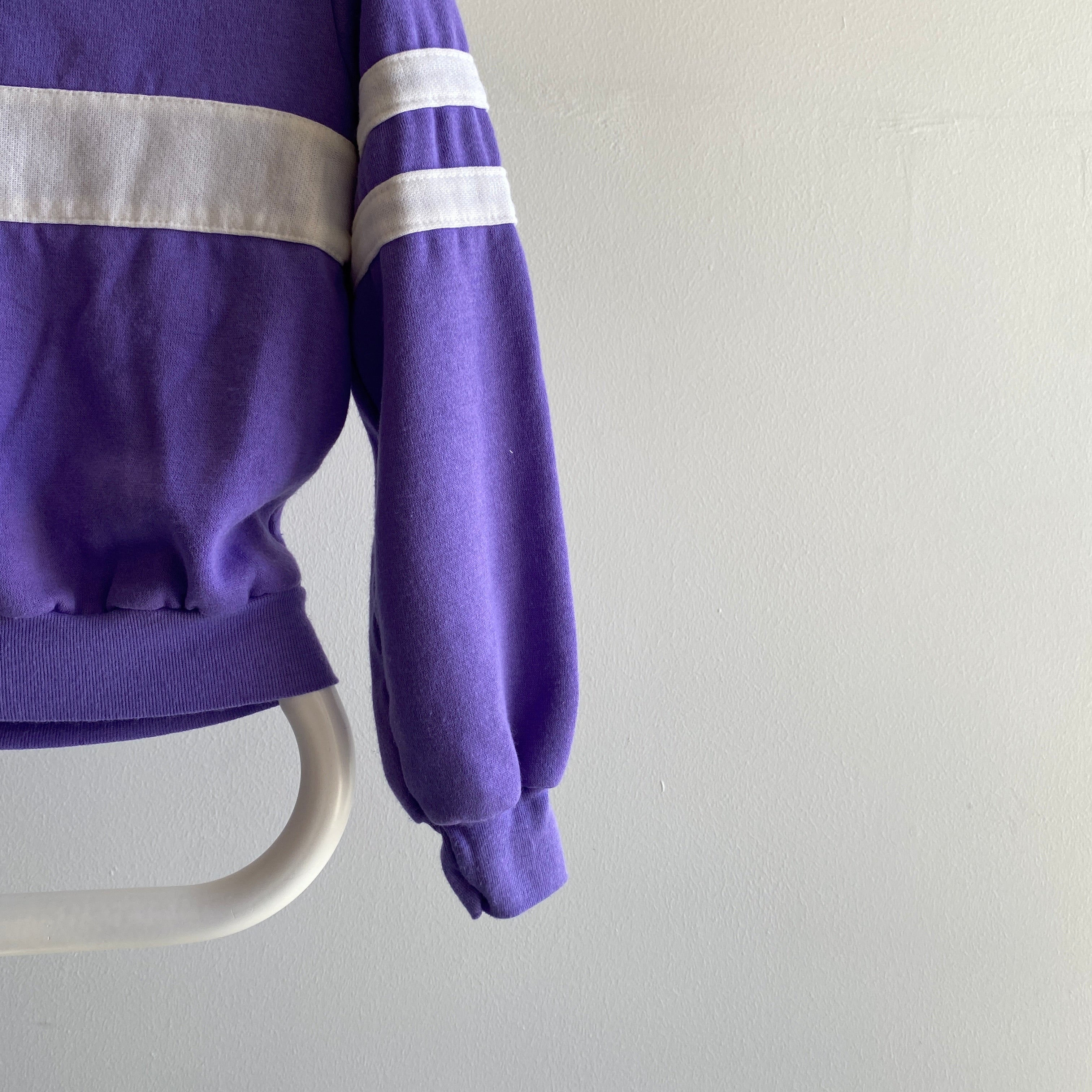 1970/80s Color Block V-Neck Purple and White Sweatshirt