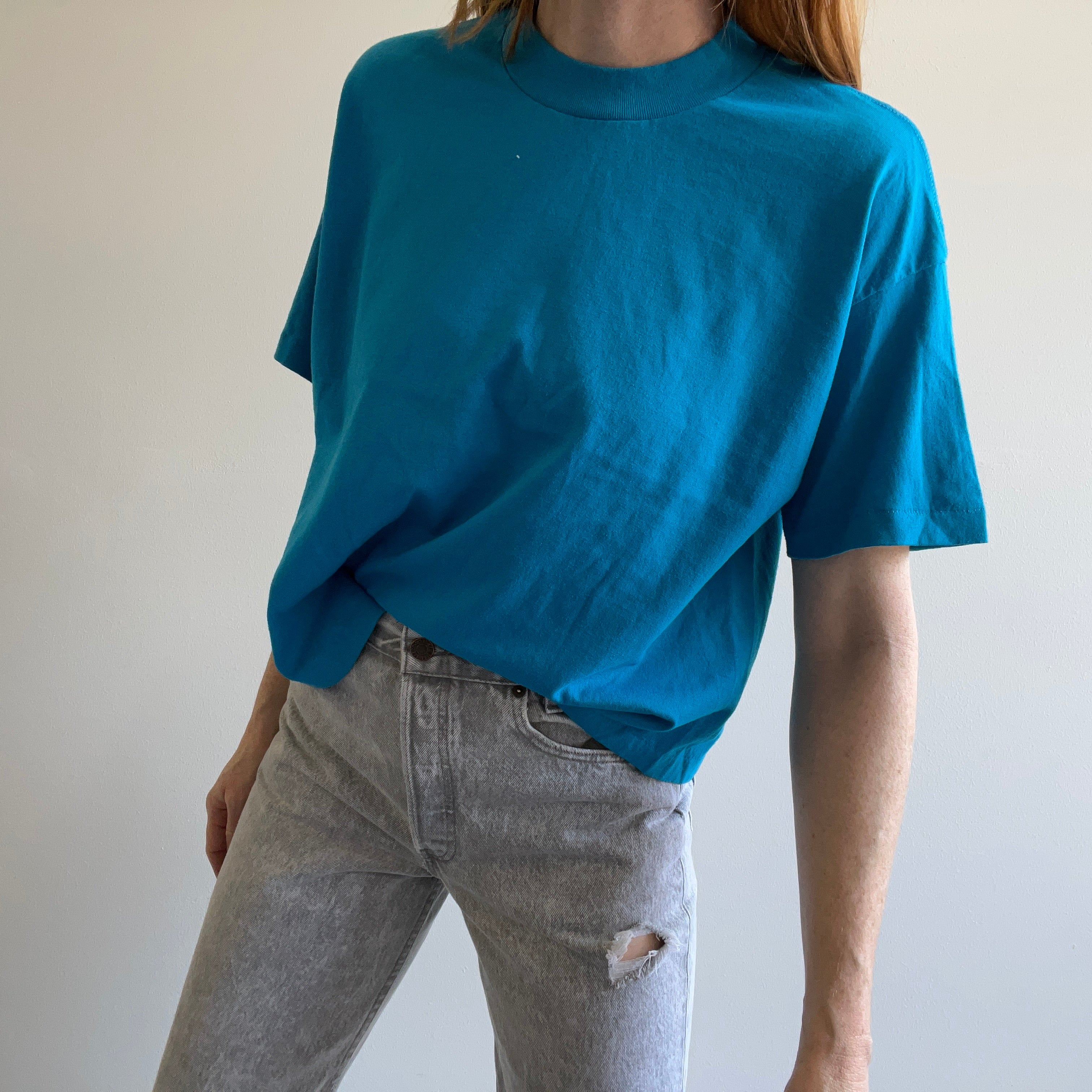 1980s Blank Turquoise Cotton Boxy T-Shirt by Sunbelt