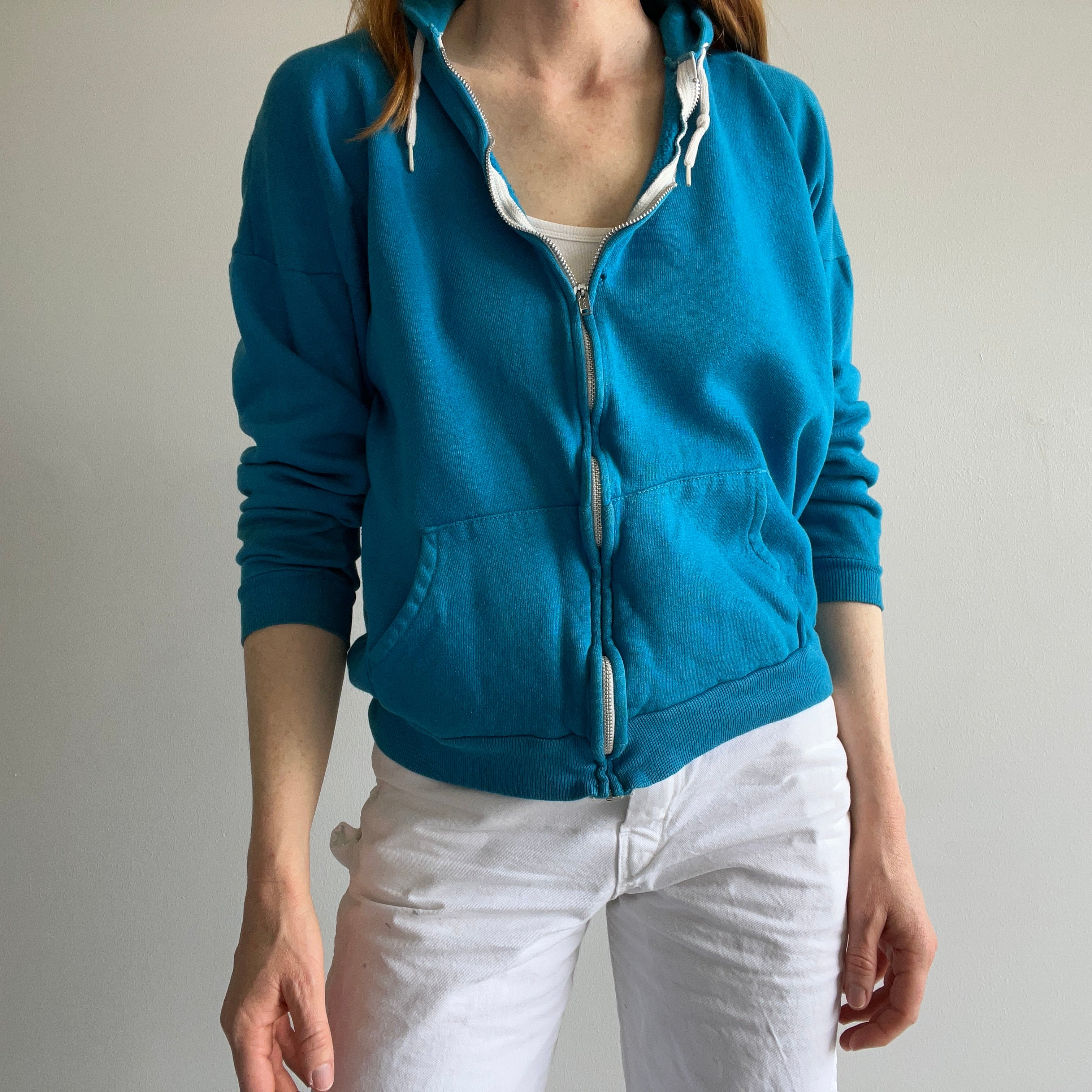 1980s Stained Turquoise Zip Up Hoodie