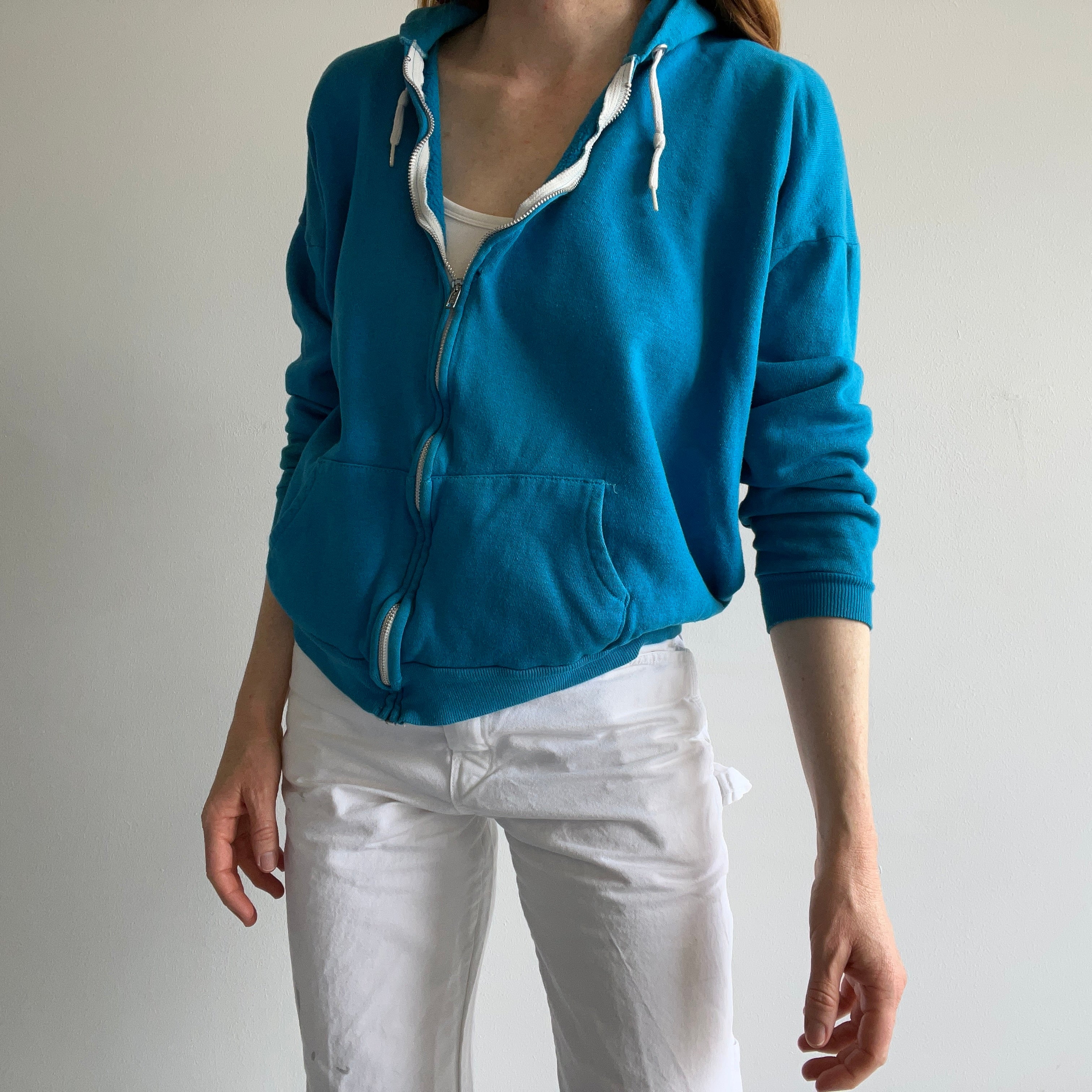 1980s Stained Turquoise Zip Up Hoodie