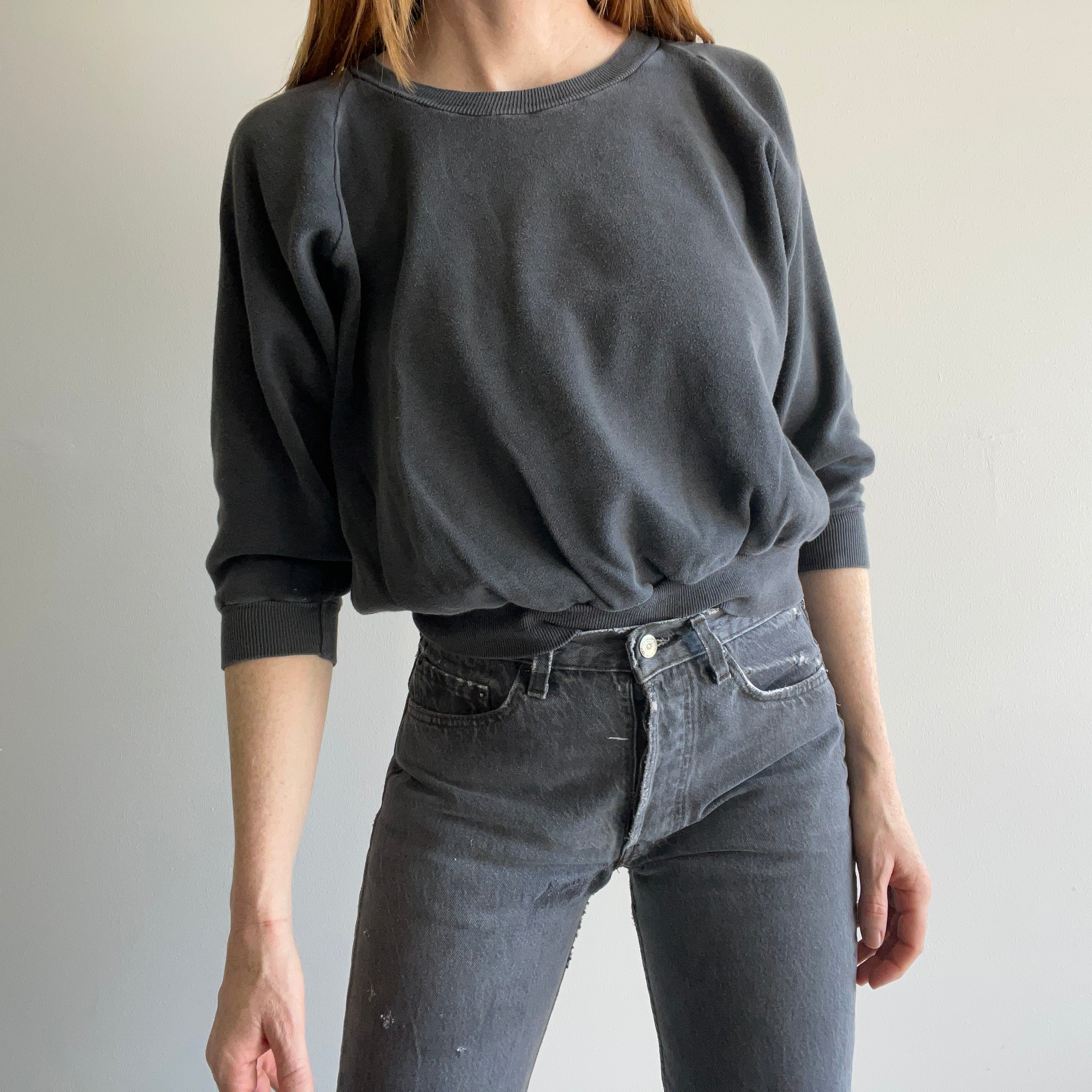 1970s Faded, Beat Up, Misshapen, Awesome Gray/Black Raglan Sweatshirt