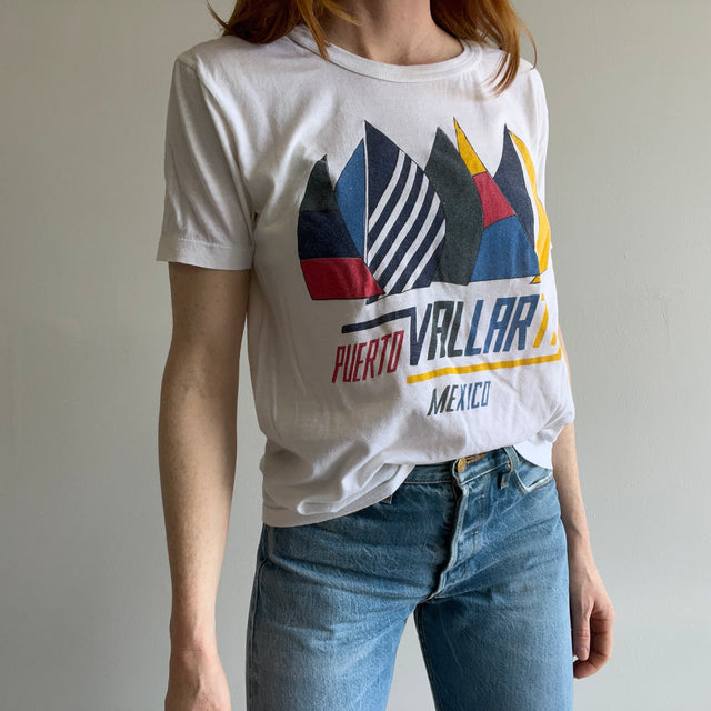 1980s Puerto Vallarta Mexico Thin Rolled Neck Tourist T-Shirt