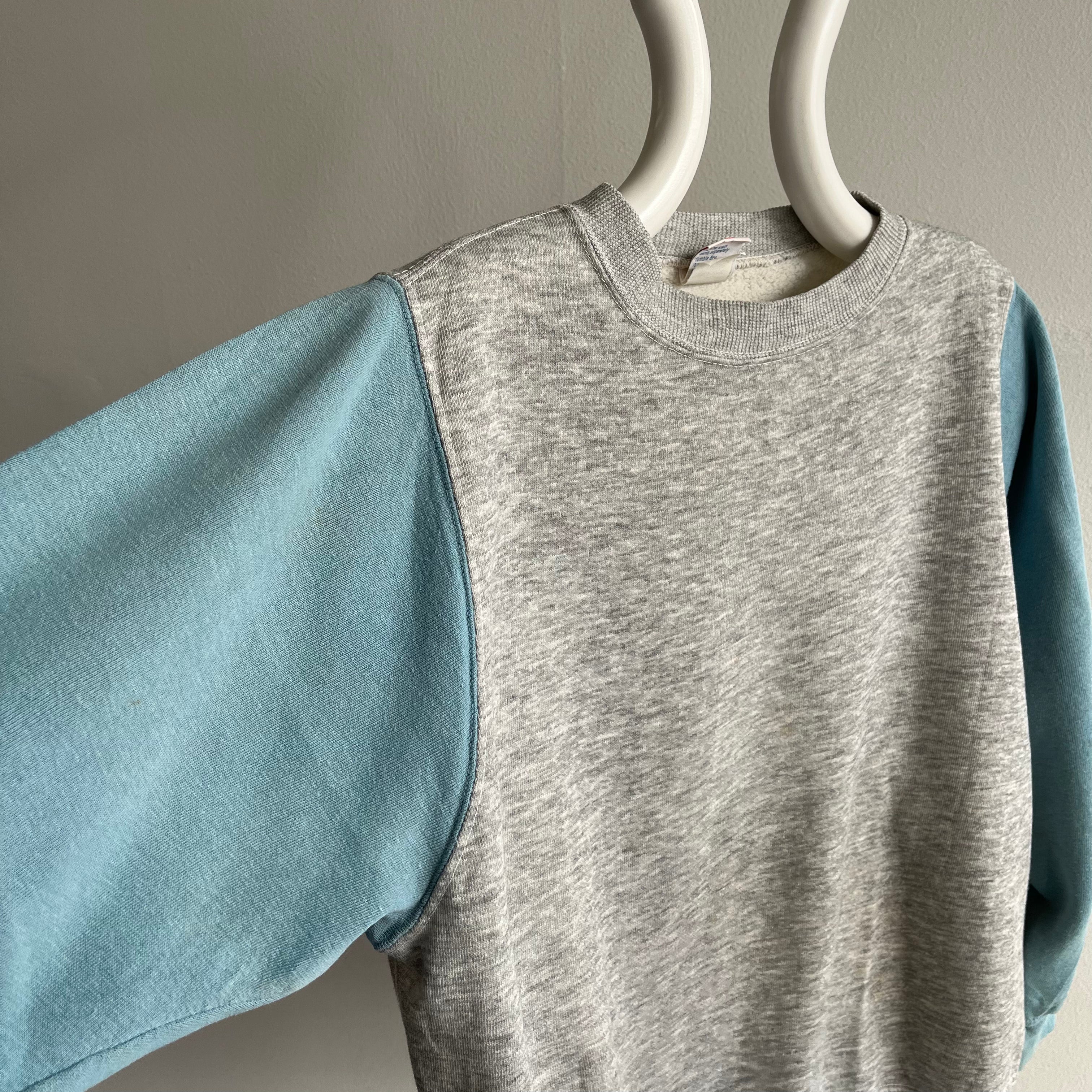 Sweat-shirt color block gris et jade des années 1980