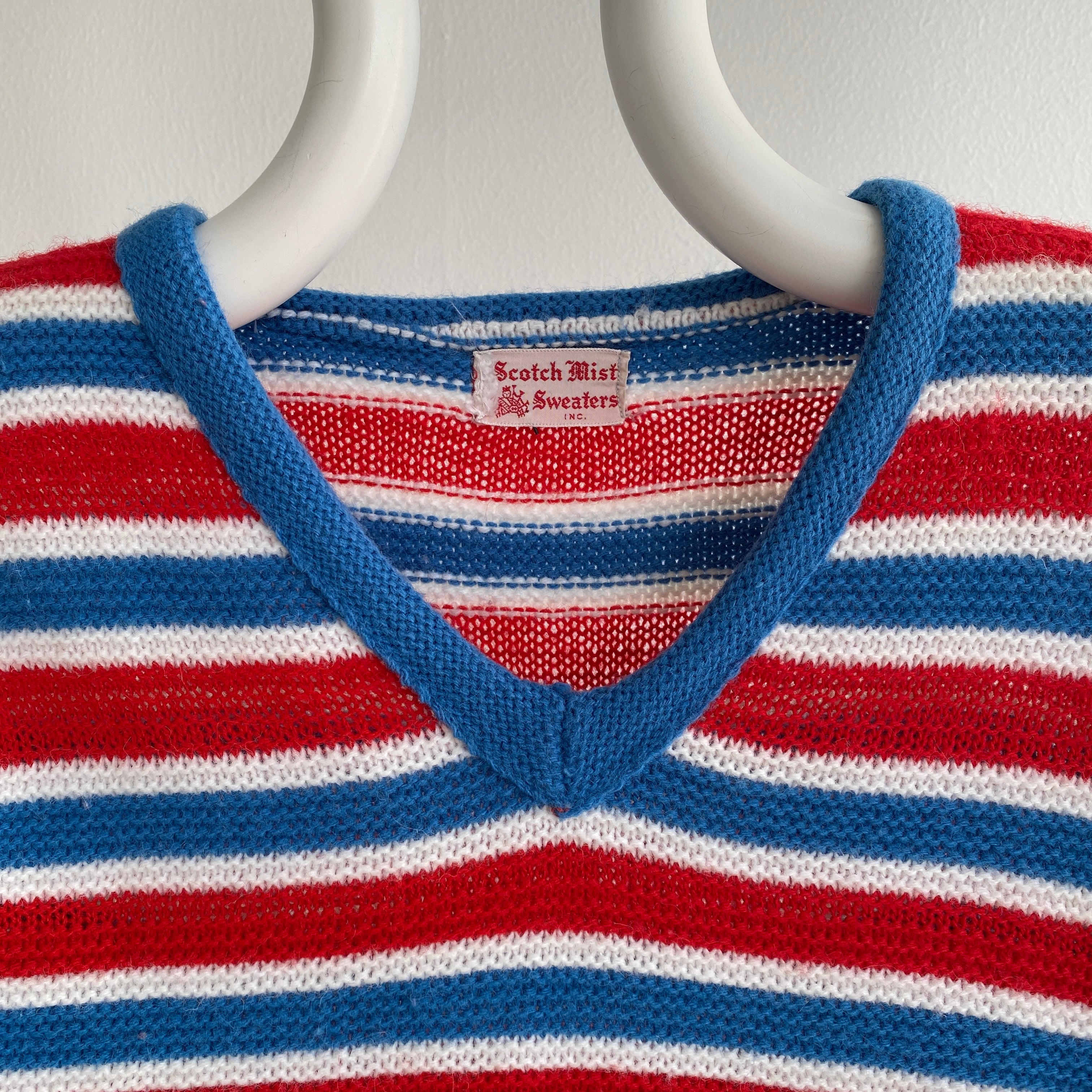 1970s Red, White and Blue Striped V-Neck Sweater - Nice and Soft!