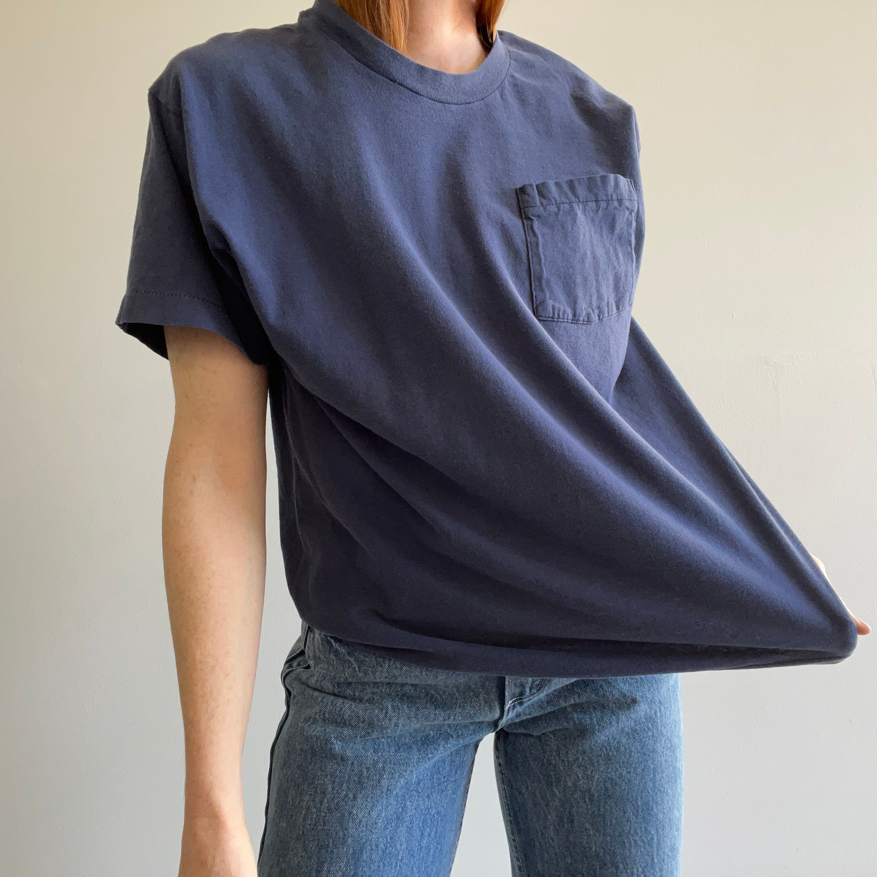 1980s Faded and Worn Blank Navy Pocket T-Shirt by FOTL