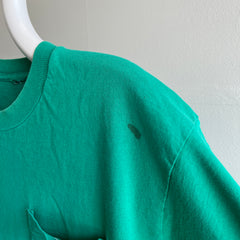 1980s Blank Green Selvedge Pocket T-Shirt - Cotton