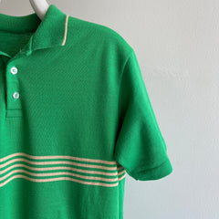 T-shirt polo à rayures vertes et dorées Kelly des années 1980