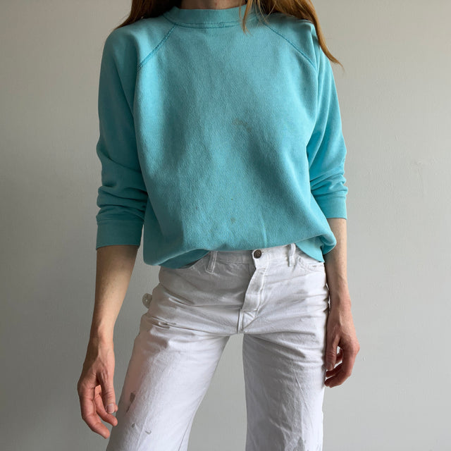 1980s Seafoam Blue Soft and Super Stained Raglan Sweatshirt