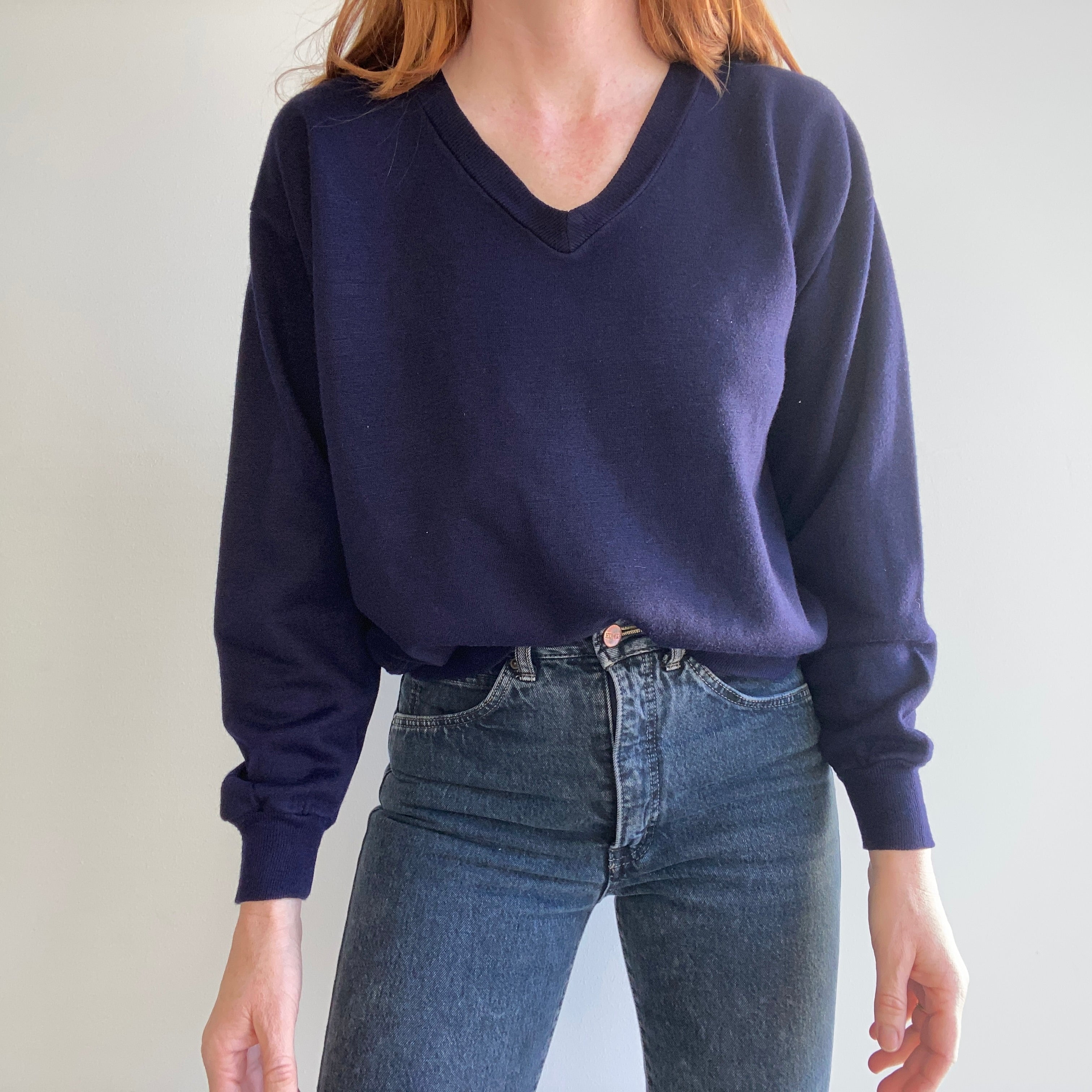 1960s Super Soft Dark Navy V-Neck Sweatshirt