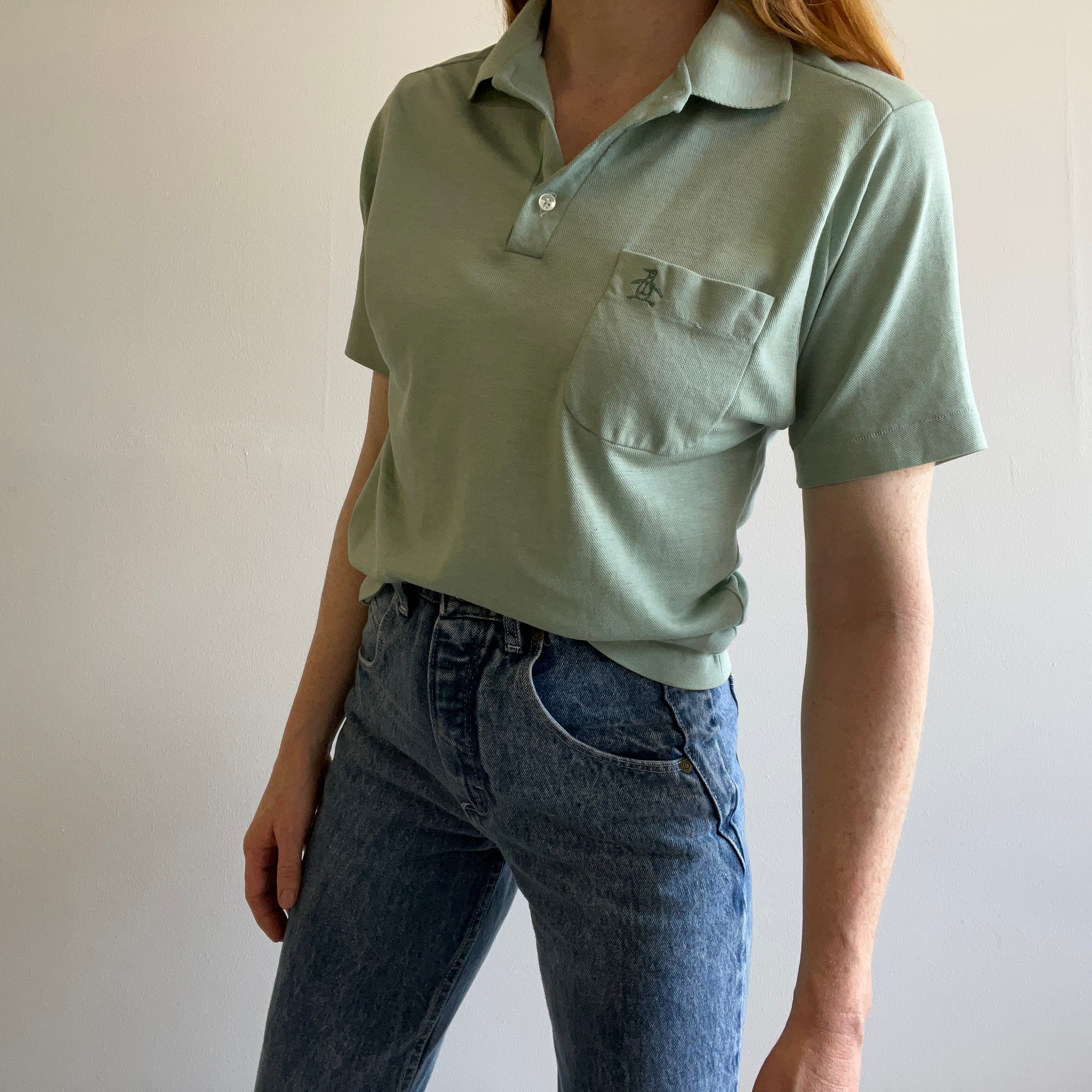 GG - 1970s Soft and Thin Pale Jade Pocket Polo T-Shirt