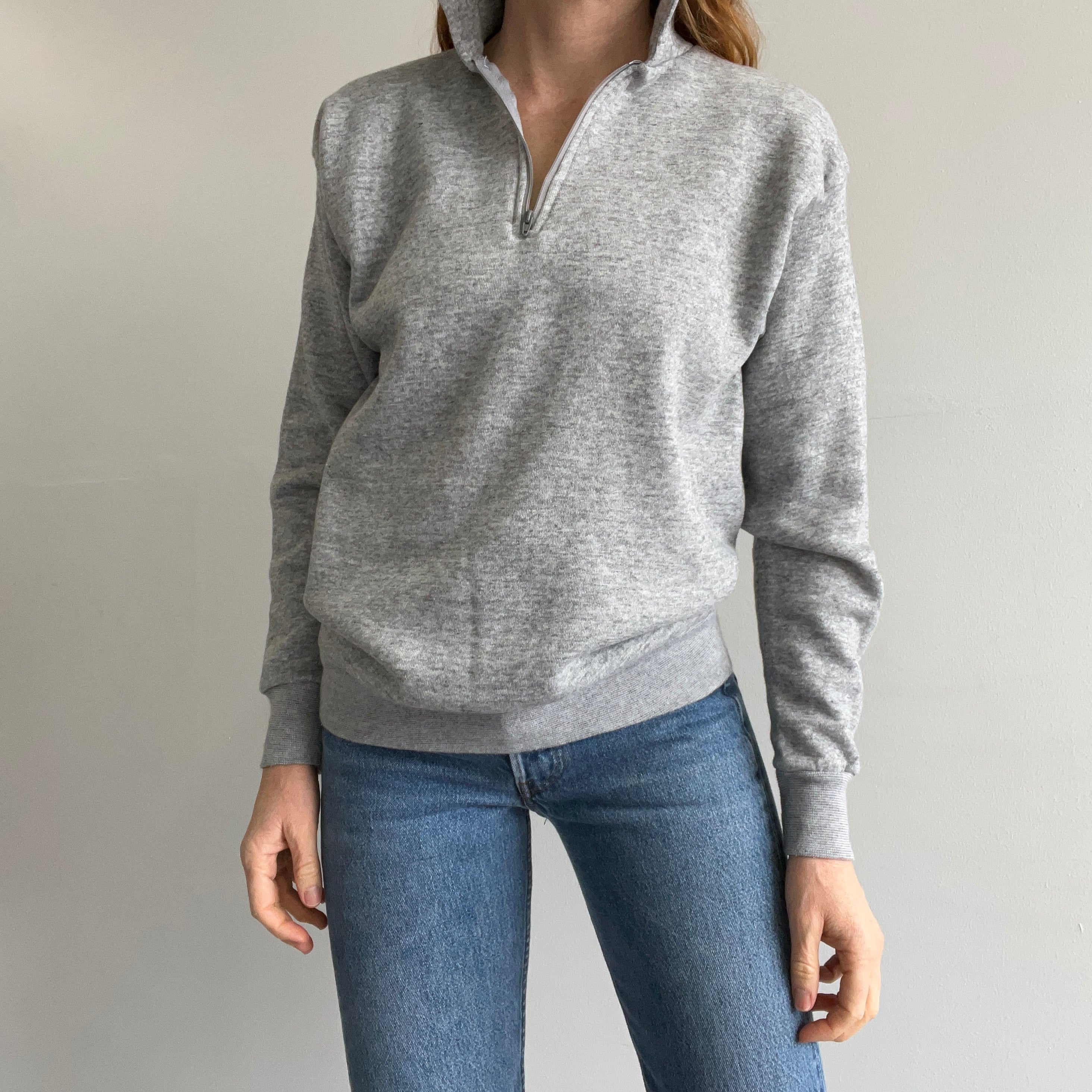 1980s Quarter Zip Blank Gray Mock Neck Sweatshirt