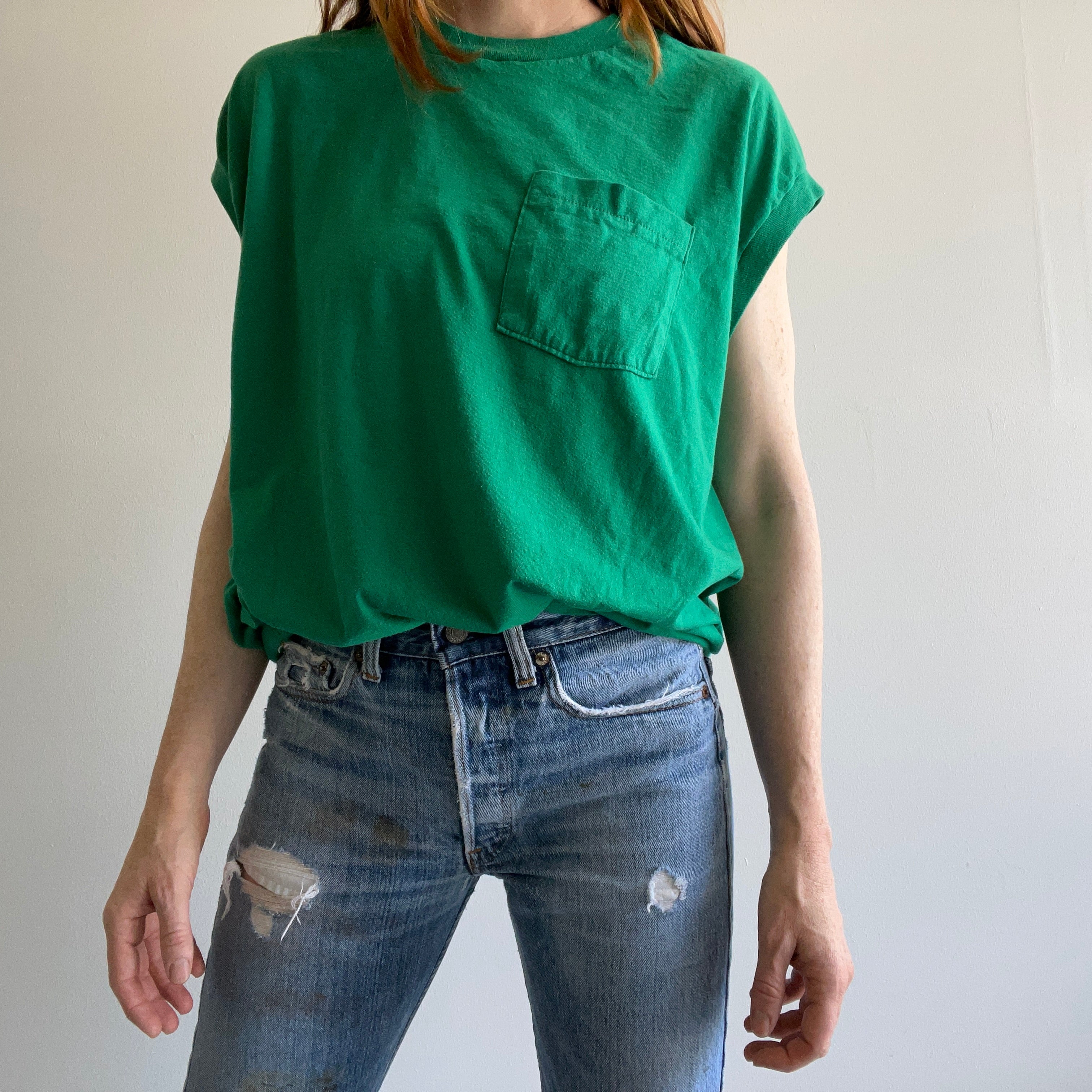 1980s Kelly Green Muscle Tank with a Selvedge Pocket