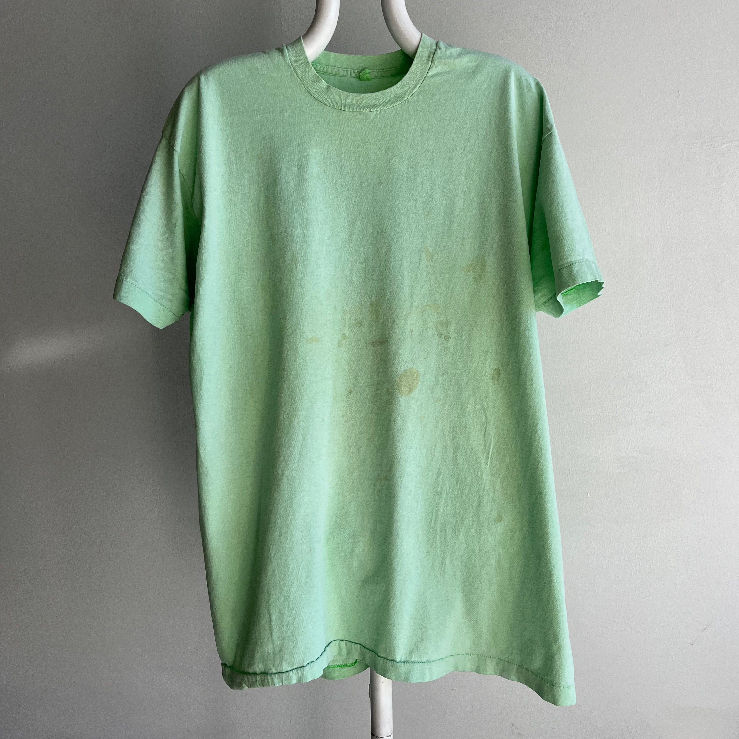 1980s Screen Stars Faded Neon Green SUPER Stained Cotton T-Shirt