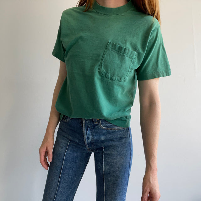 1980s Suspender Sun Fade Single Stitch BVD "Dusty Green" Cotton Pocket T-Shirt