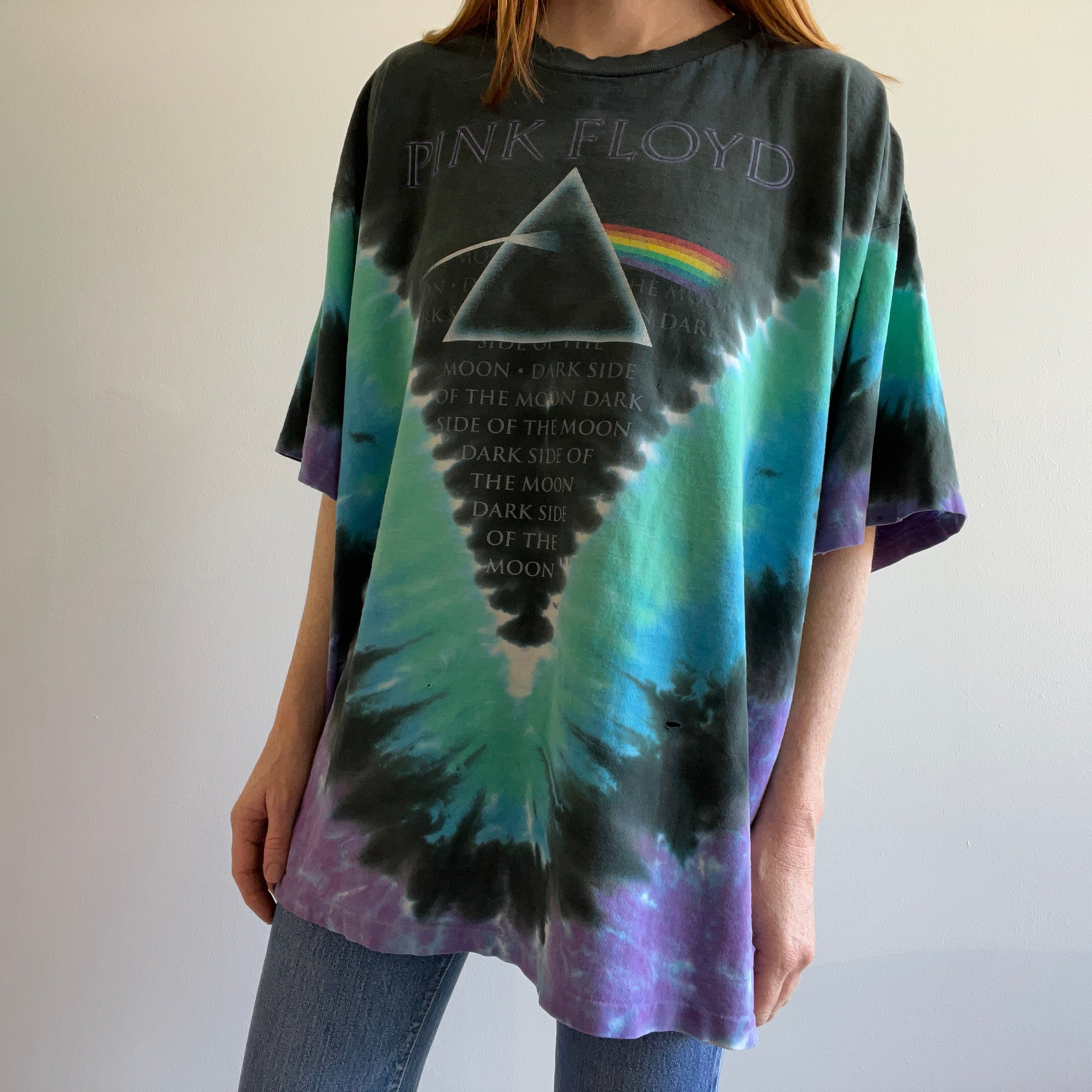 1990s Beat Up Pink Floyd Dark Side of The Moon Reprint Tie Dye T-Shirt by Liquid Blue