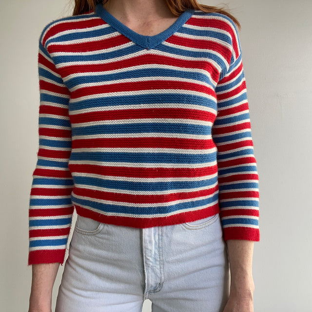1970s Red, White and Blue Striped V-Neck Sweater - Nice and Soft!