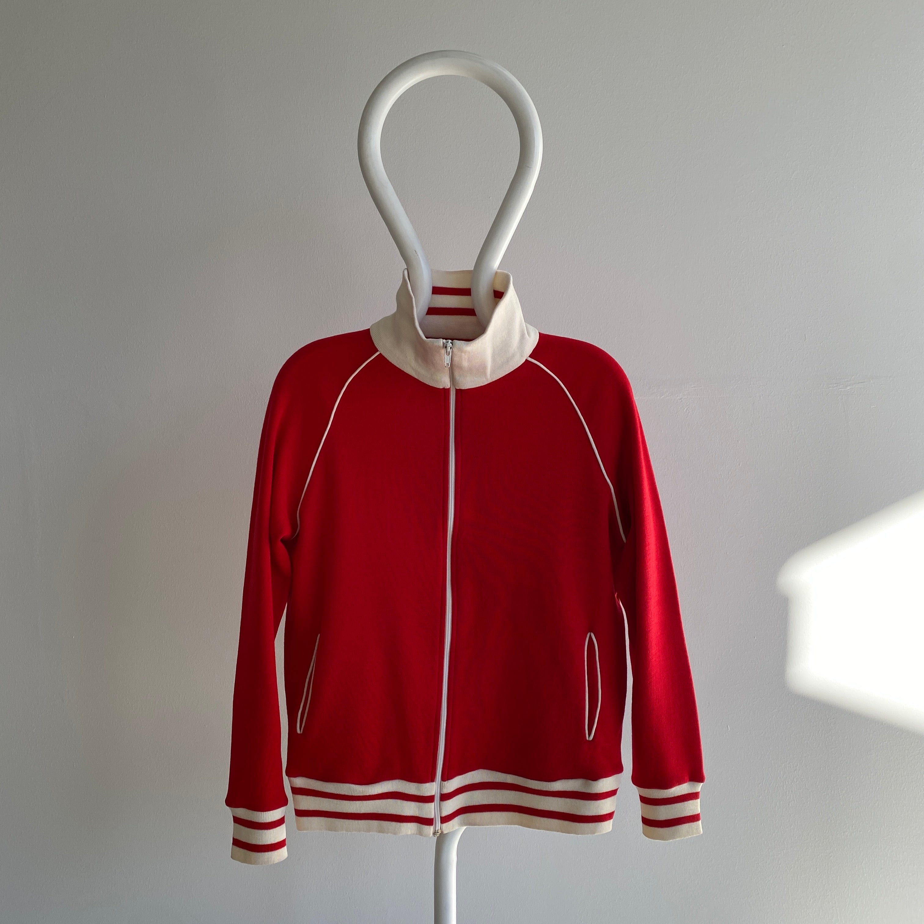 Sweat zippé rouge et blanc SUPER SOFT des années 1980