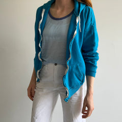 1980s Stained Turquoise Zip Up Hoodie