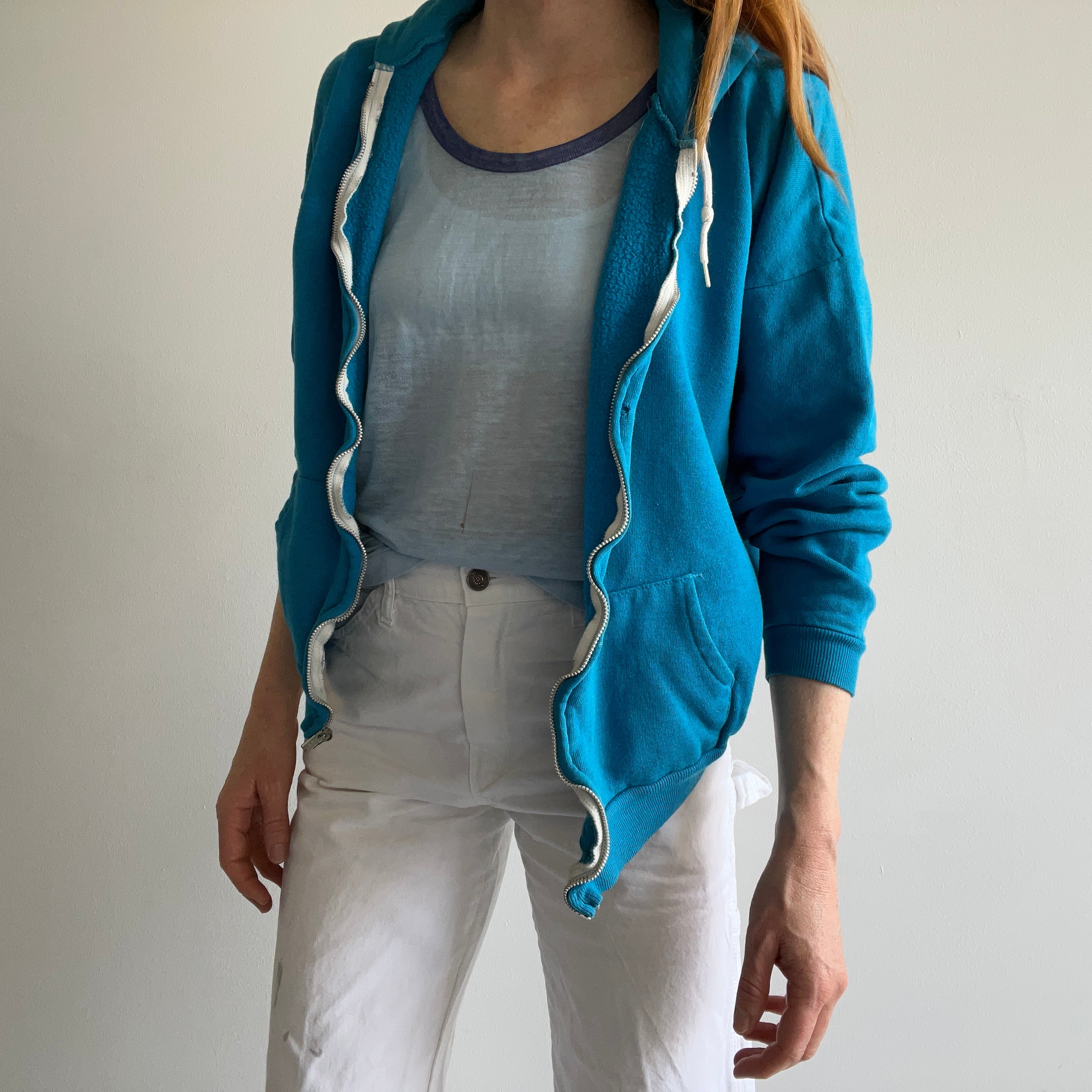 1980s Stained Turquoise Zip Up Hoodie