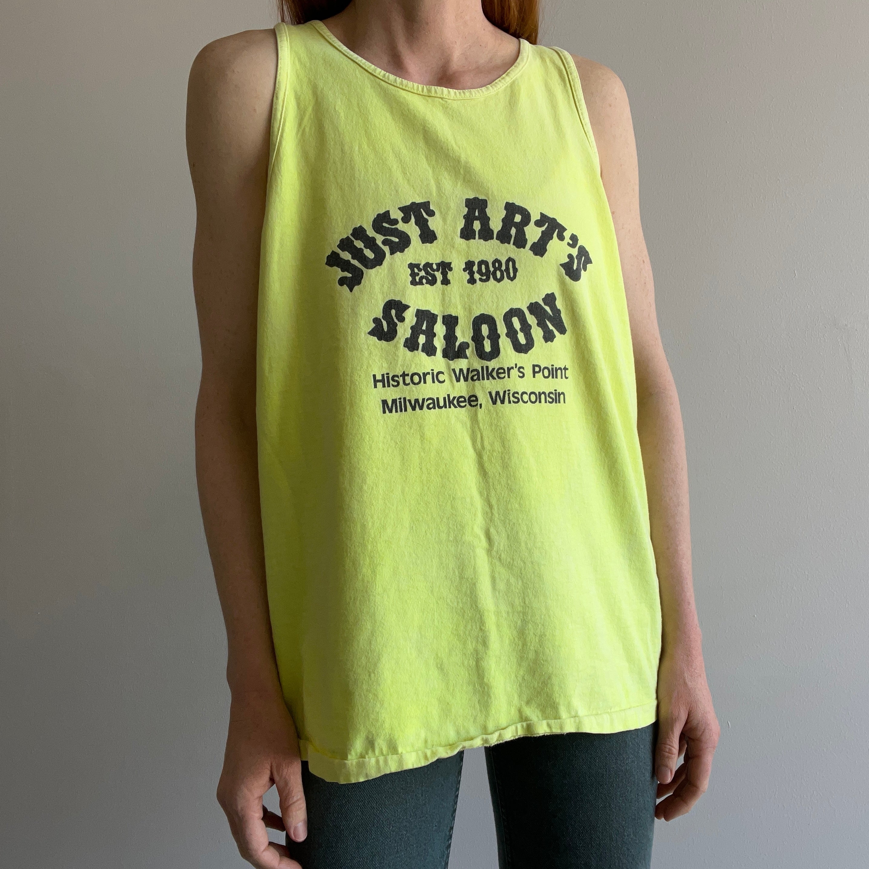 1990s Just Art's Saloon - Milwaukee, Wisconsin Neon Yellow Tank Top