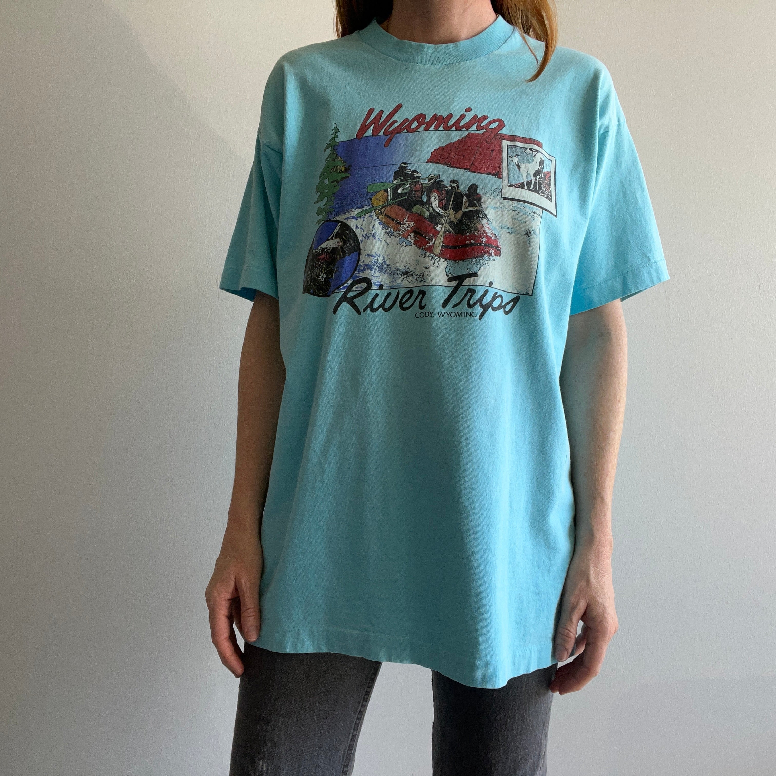 T-shirt touristique de rafting du Wyoming des années 1980