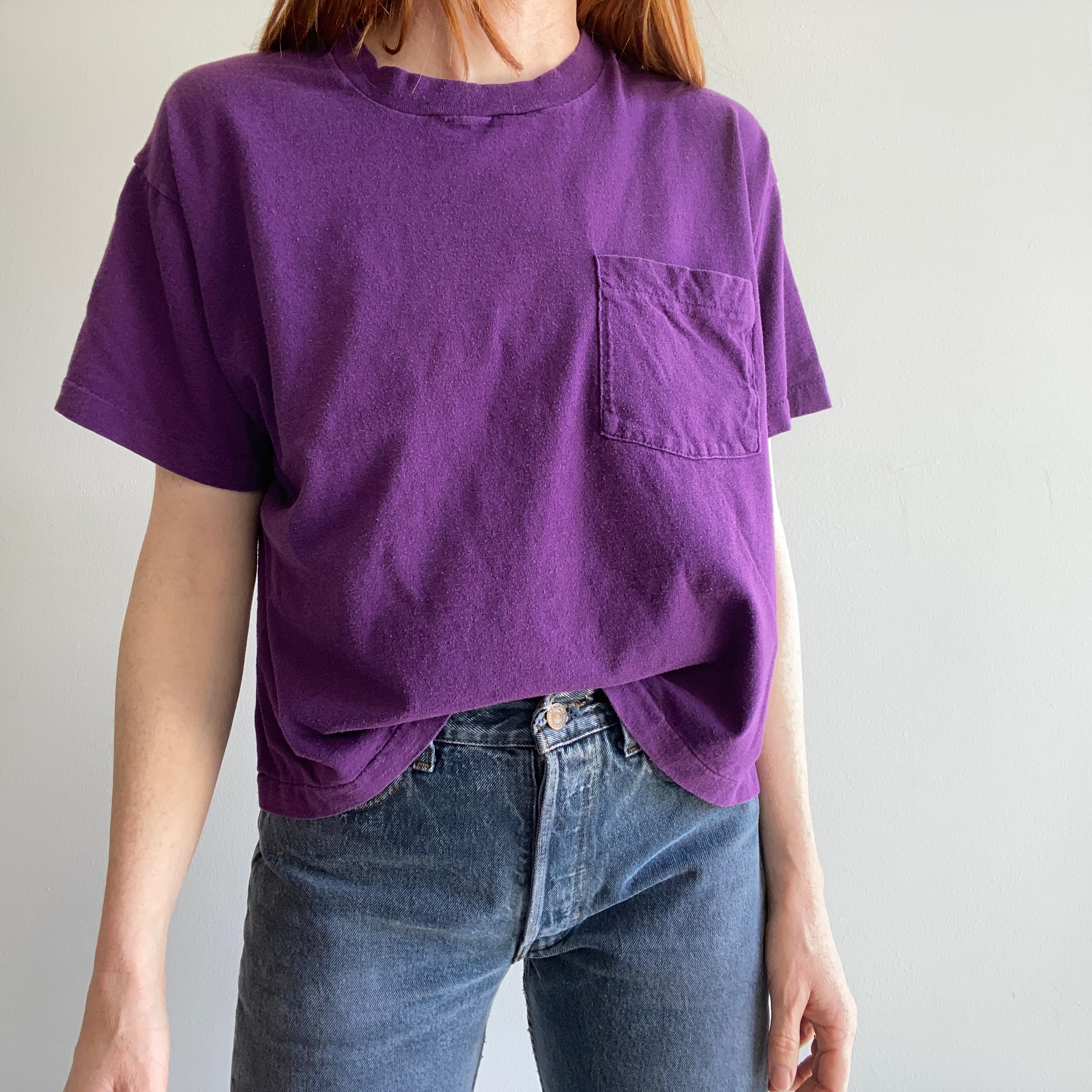 1990s Excellent Boxy Purple Cotton Pocket T-Shirt