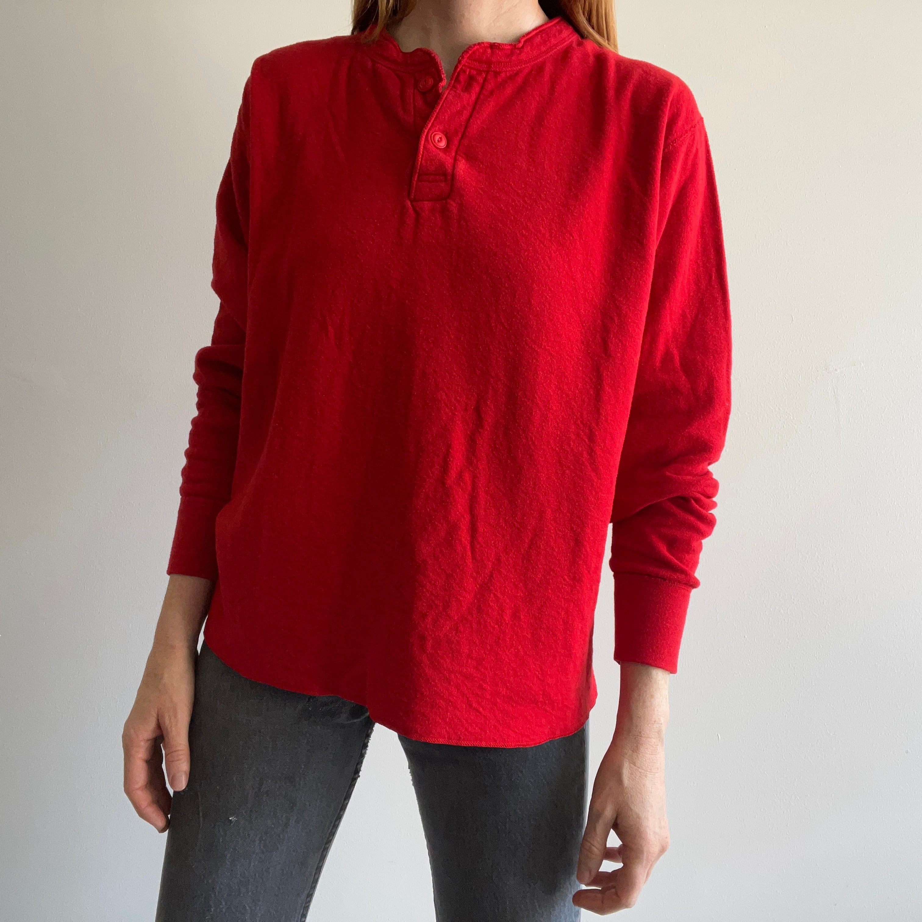 1990s LL Bean USA Made Red Thermal Henley Long Sleeve