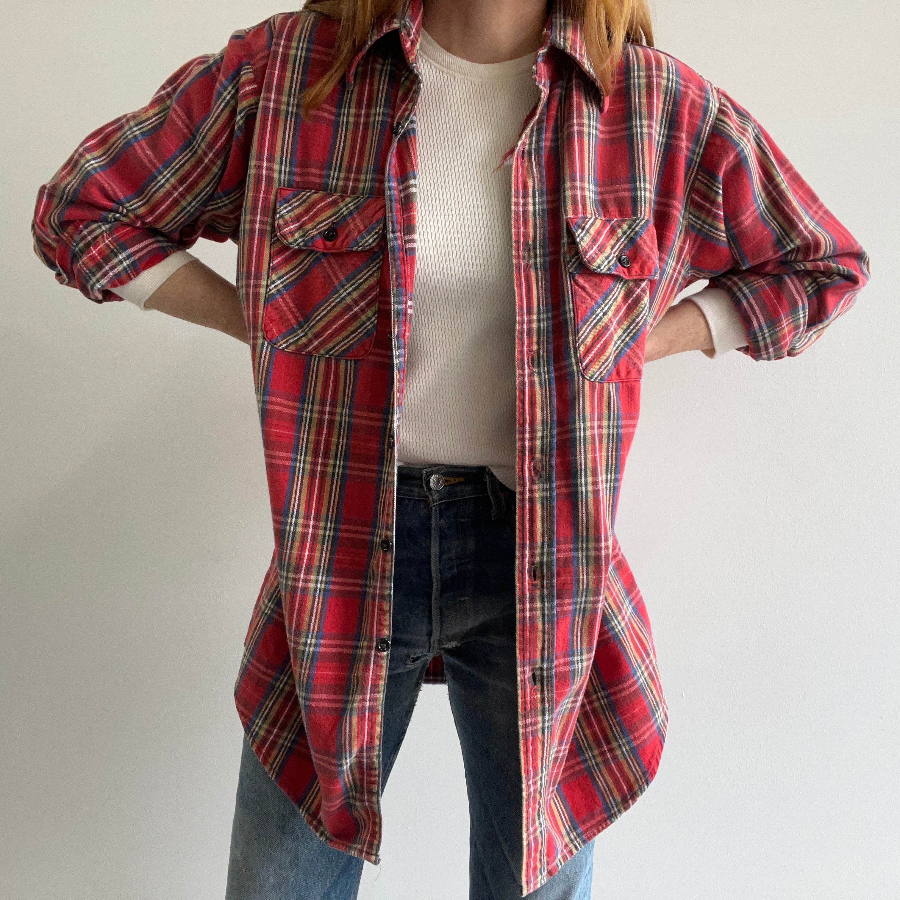 1980s X Long Five Brothers Cotton USA Made Flannel Shirt/Mini Dress??