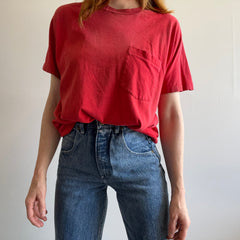 GG 1980s Nicely Worn and Age Stained Faded Blank Red Cotton Pocket T-Shirt