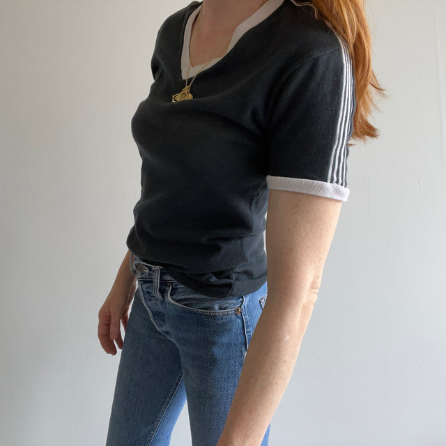 1970 V-Neck Faded Black Ring T-SHirt with Side Sleeve Stripes