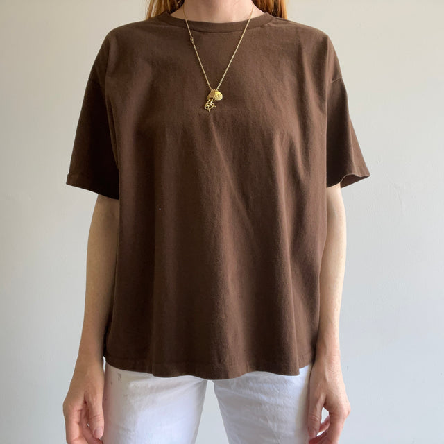 1990 Chocolat Marron Boxy Hanes Her Way T-shirt en coton vierge