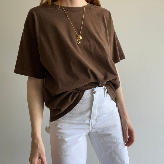 1990 Chocolat Marron Boxy Hanes Her Way T-shirt en coton vierge