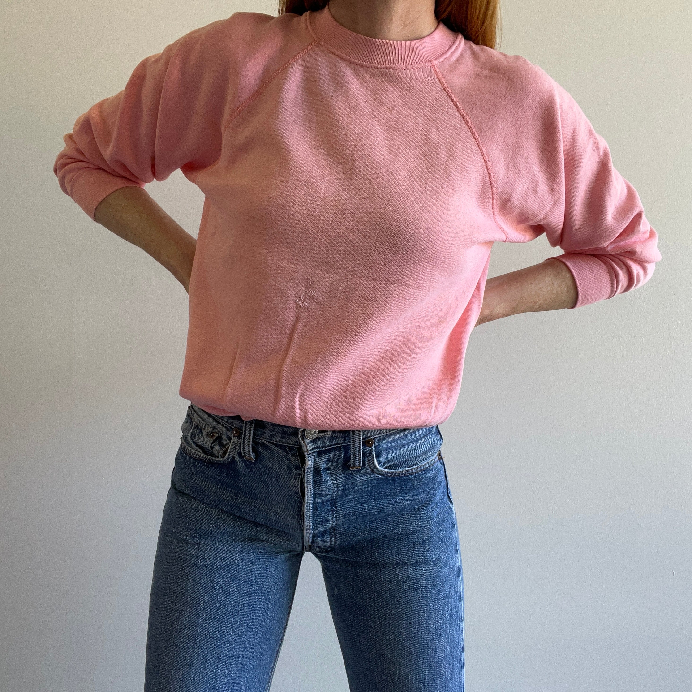 1980s Light Salmon Pink Raglan with Staining and Mending