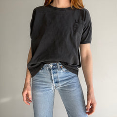 1970s Blank Faded Black Cotton Knit T-Shirt Made in China - Cool Cut