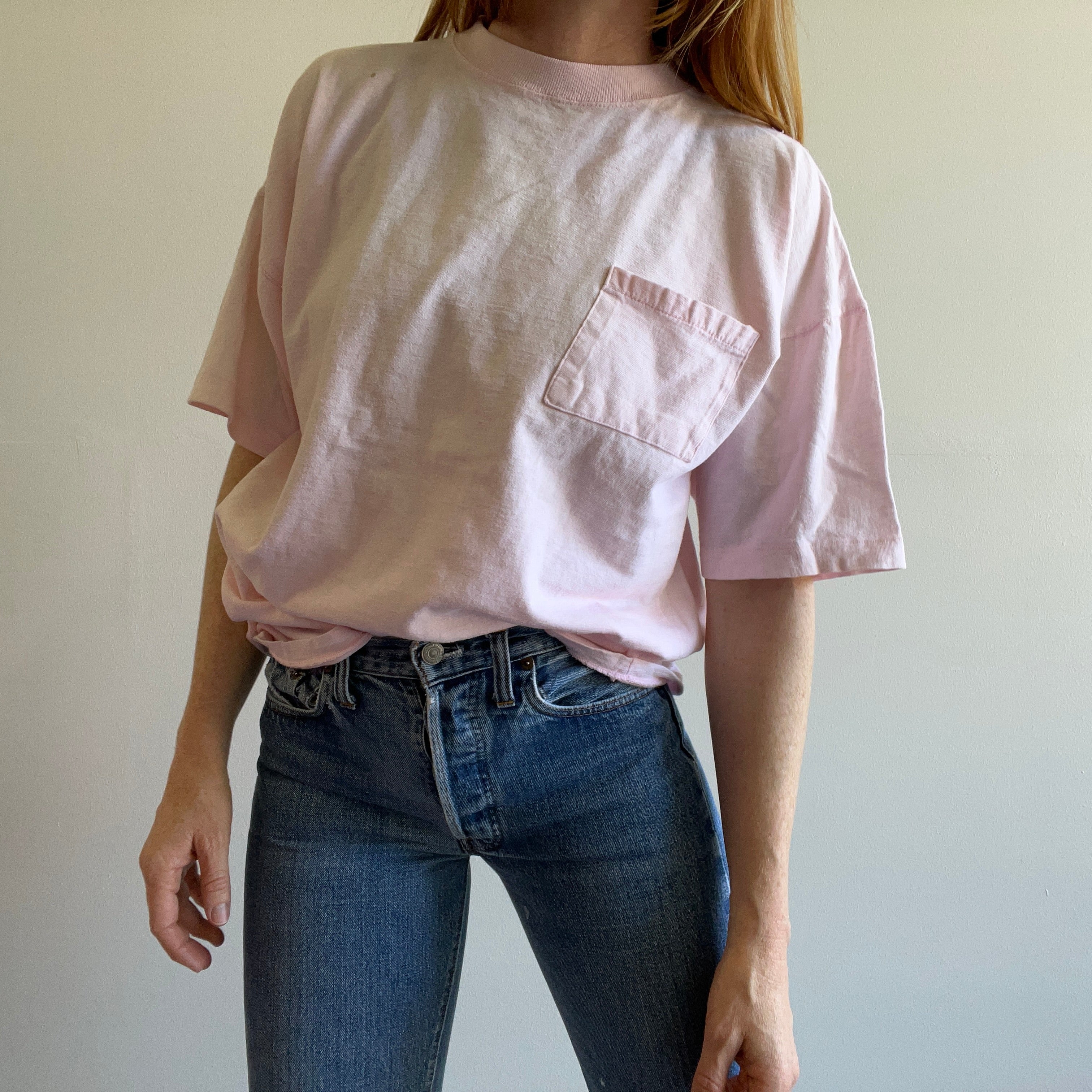 1990/00s Faded Washed Pale Pink Boxy Cotton Pocket T-Shirt