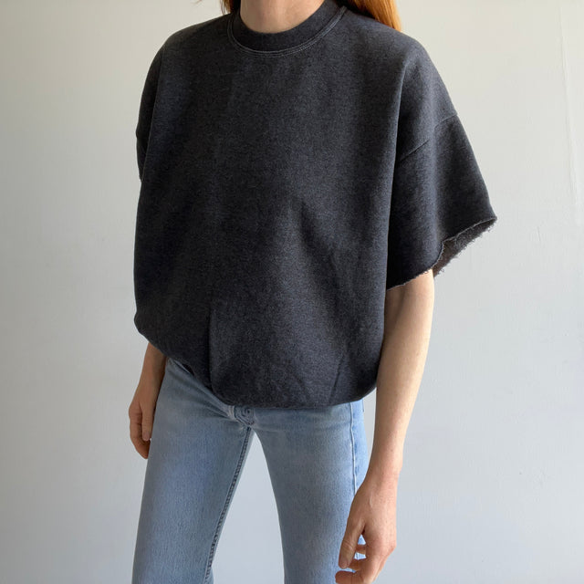 1990s Dark Gray DIY Cut Sleeve Short Sleeve Warm Up Sweatshirt