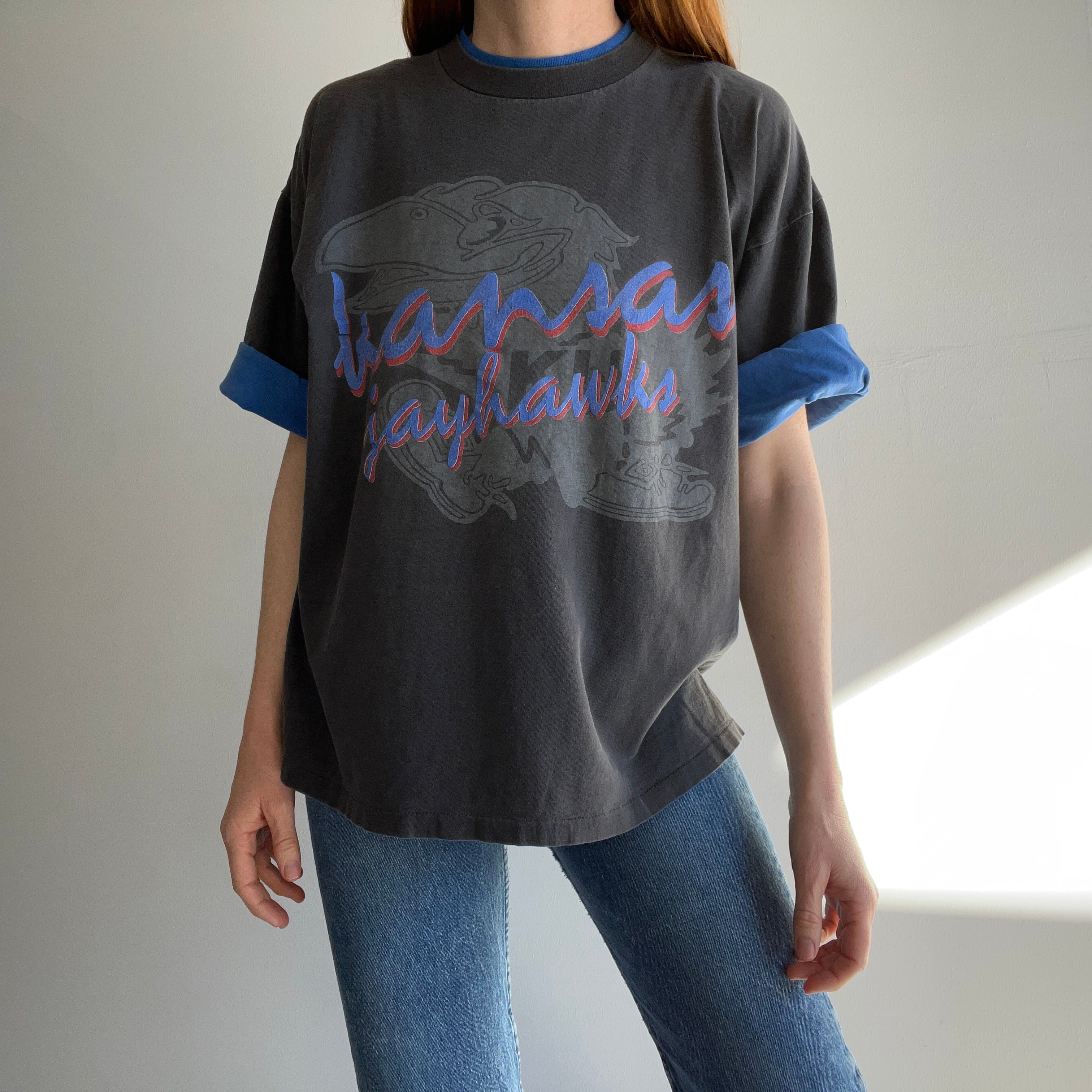 1990s Kansas Jayhawks Roll Up Sleeve T-Shirt