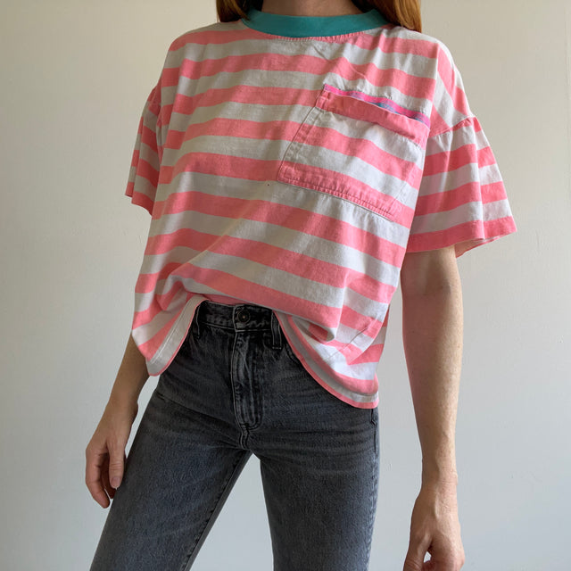 1990s Super Boxy Neon Striped Pocket T-Shirt - HUZZAH!