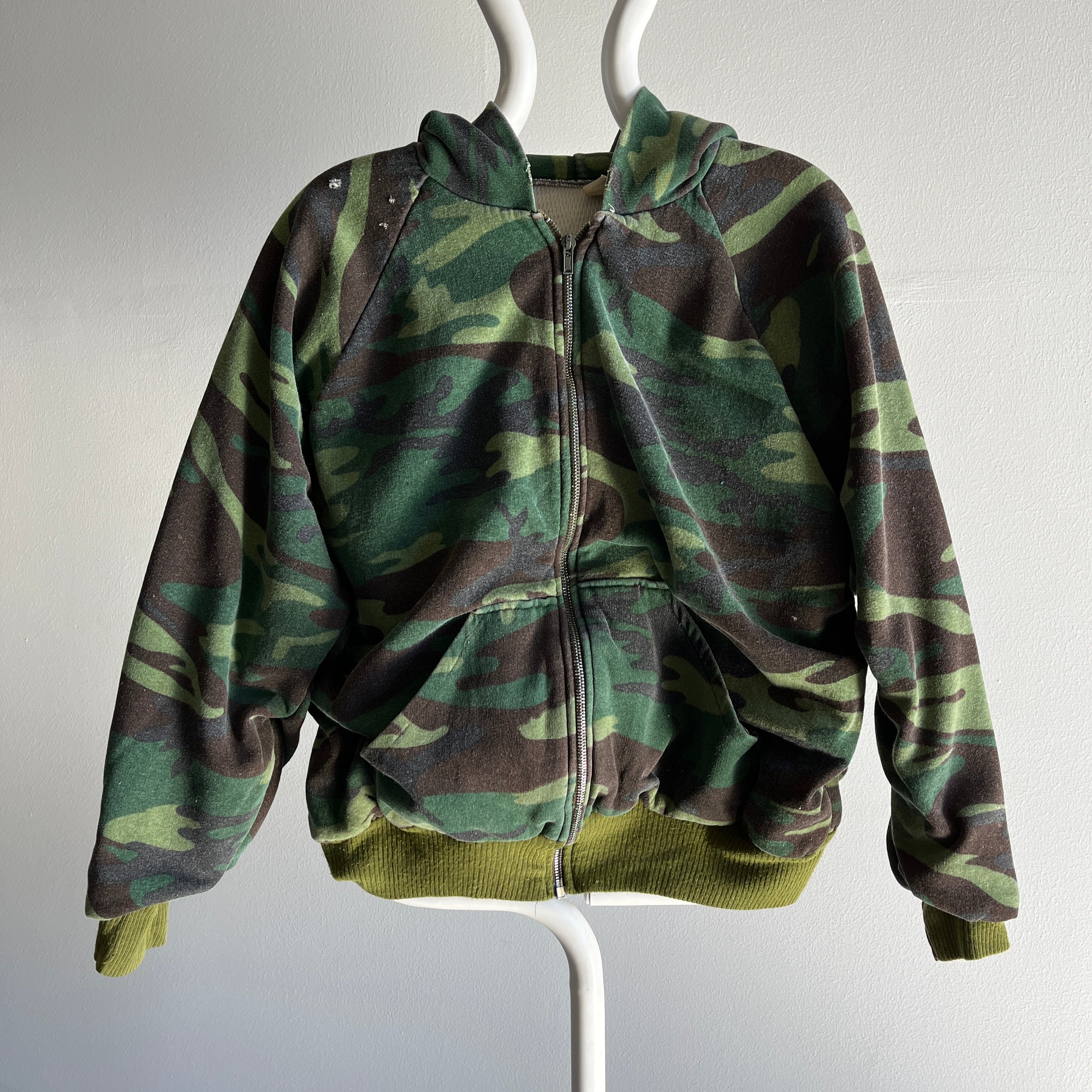 Sweat à capuche zippé camouflage épais des années 1970