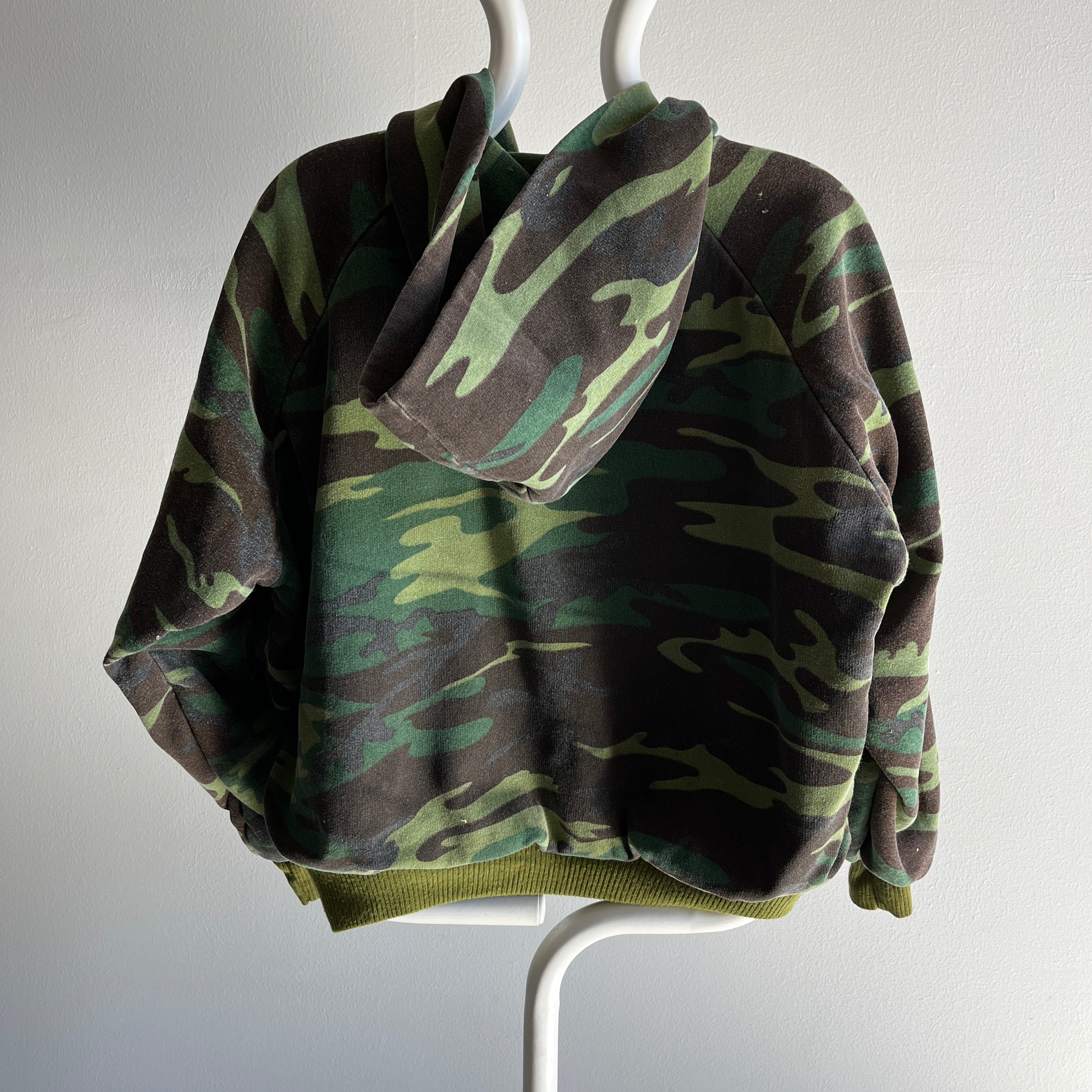 Sweat à capuche zippé camouflage épais des années 1970