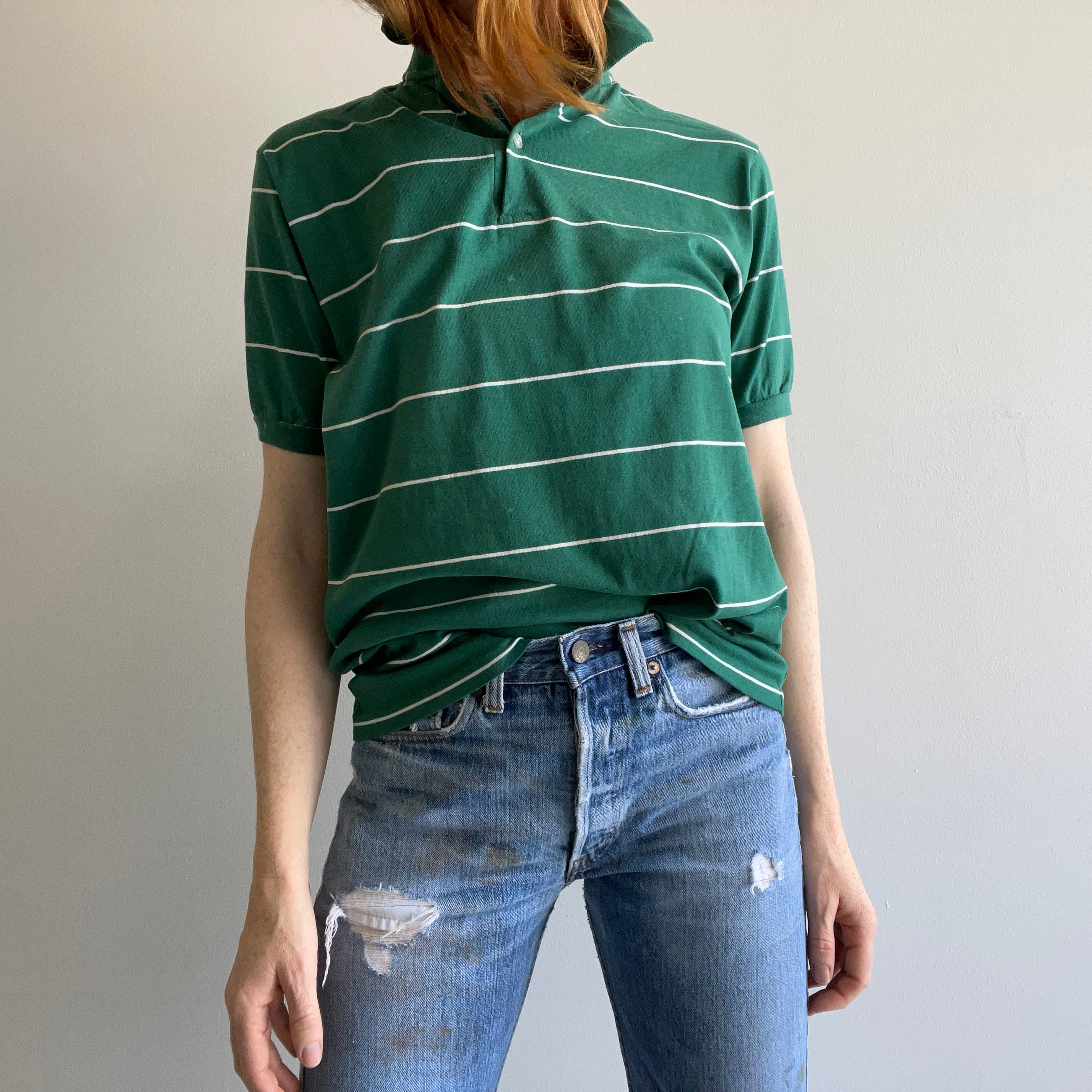 1980s The Knit Exchange T-shirt polo rayé vert et blanc