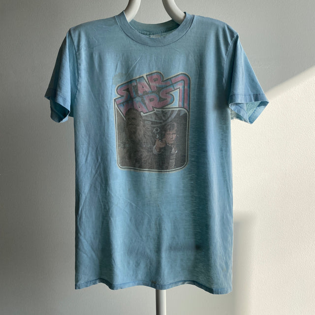1977 Star Wars T-shirt à larges rayures délavé et taché