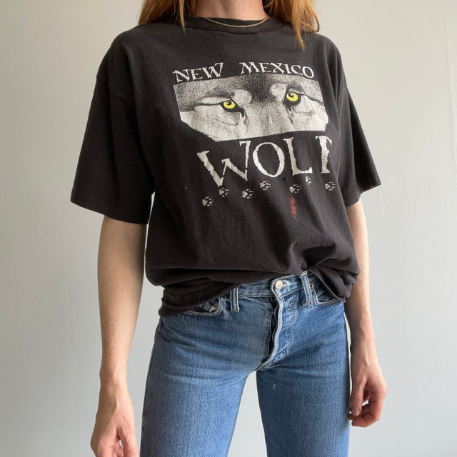 T-shirt loup du Nouveau-Mexique des années 1990 avec des taches de peinture