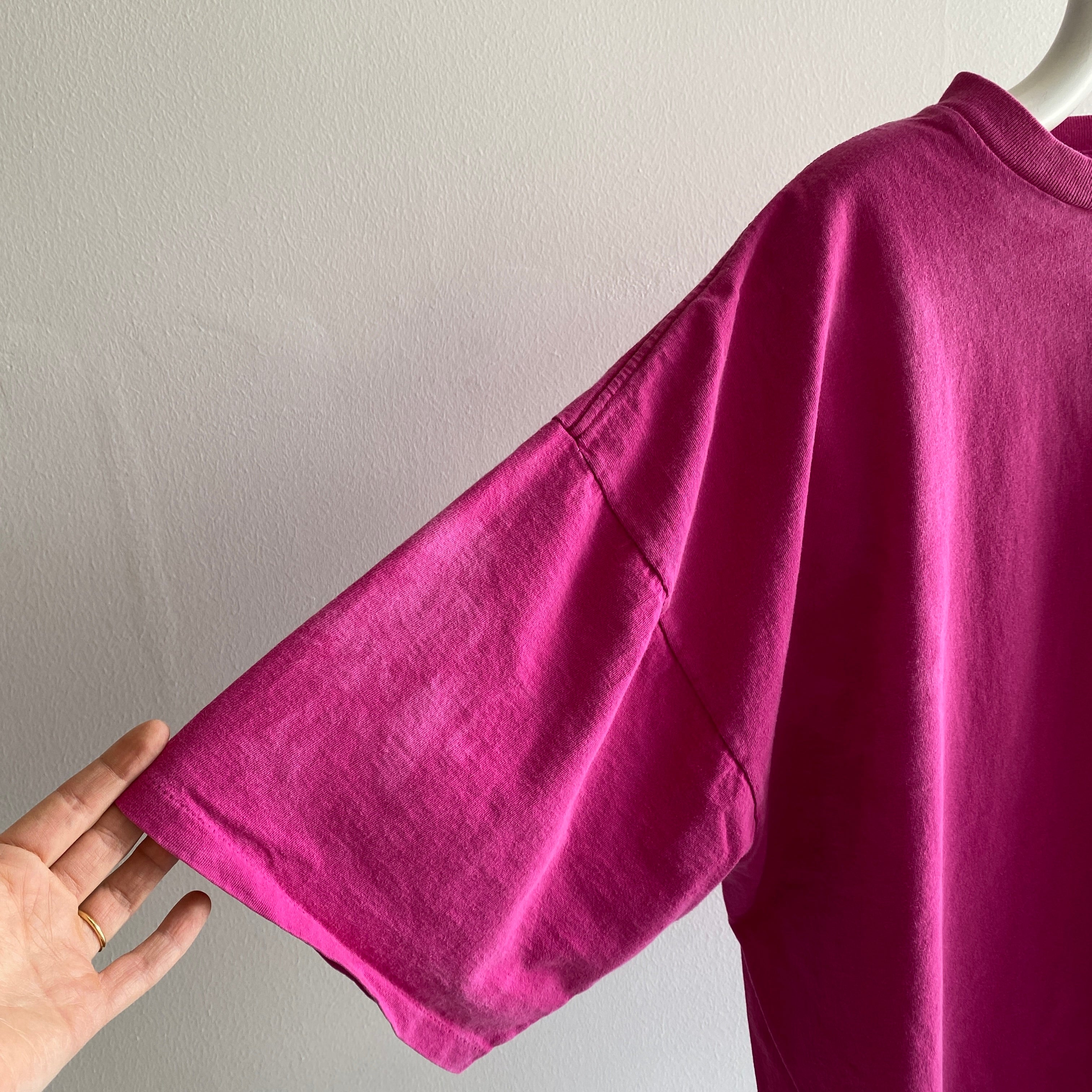 1990s Oversized Magenta Pink Pocket T-Shirt with Fade Marks